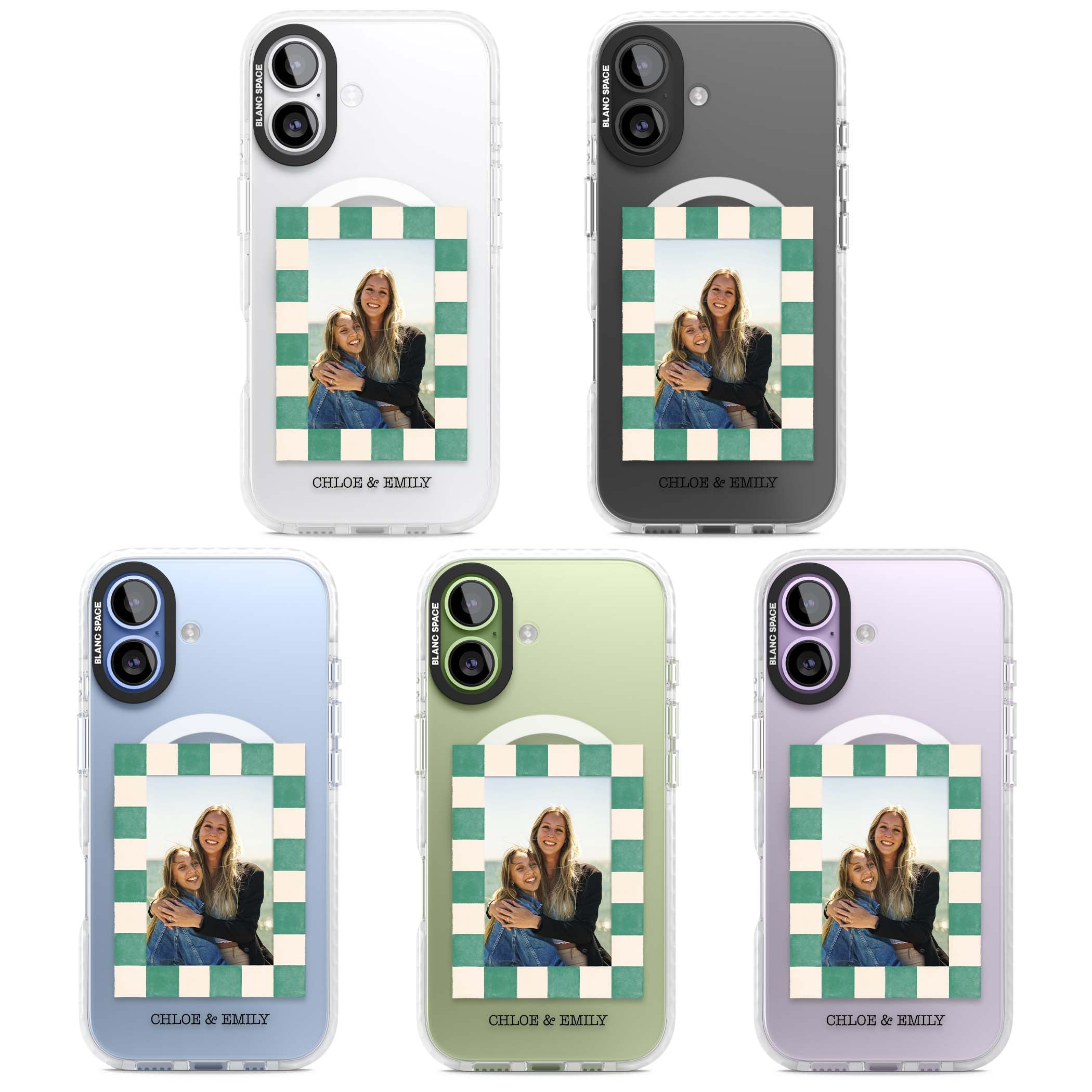 Seafoam Check Photo personalised iPhone case featuring a custom polaroid photo, green and cream checkered frame, and custom n | Impact Magsafe case for iPhone 17