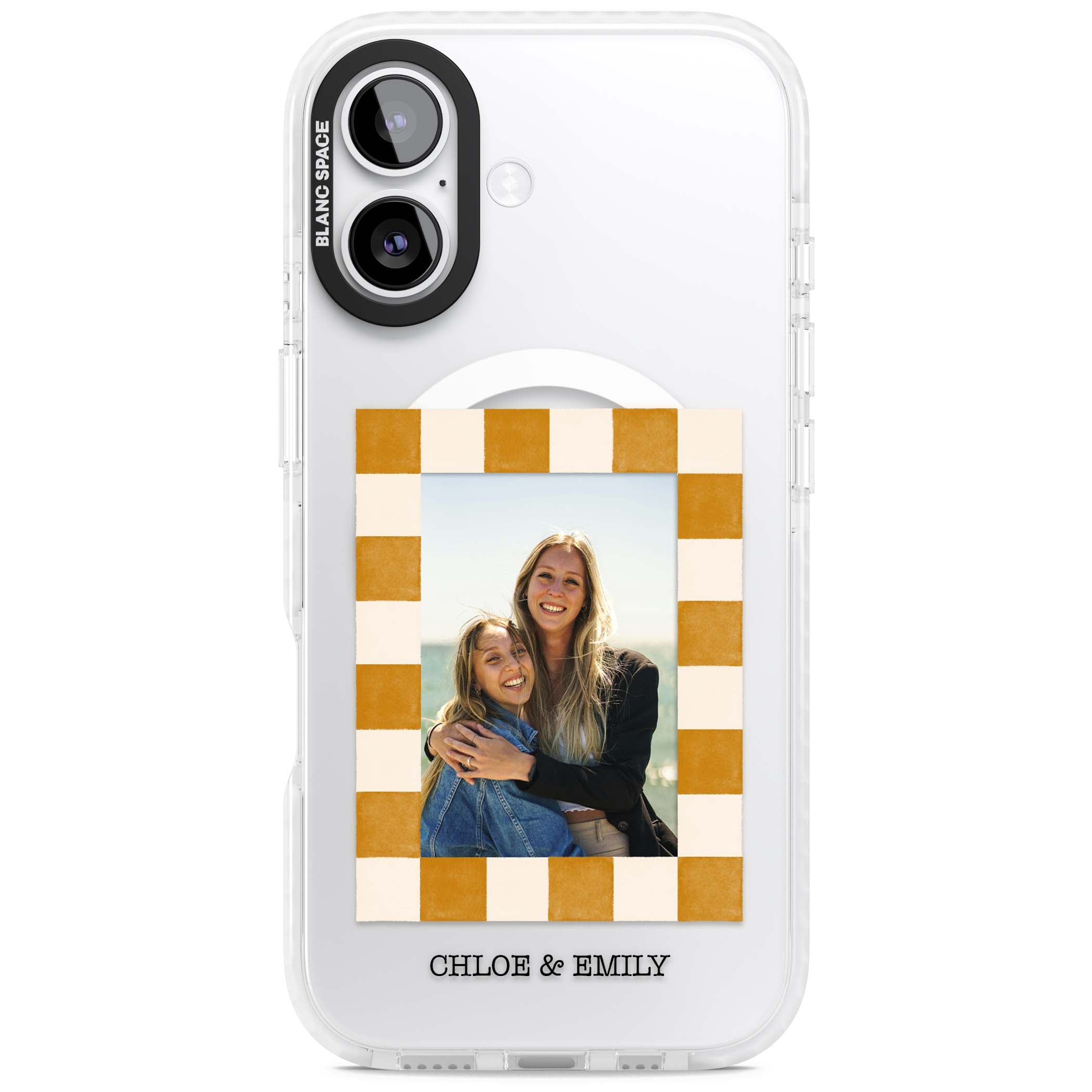 Citrus Check Photo personalised iPhone case with custom photo, orange checkered frame and names underneath | Impact Magsafe case for iPhone 17