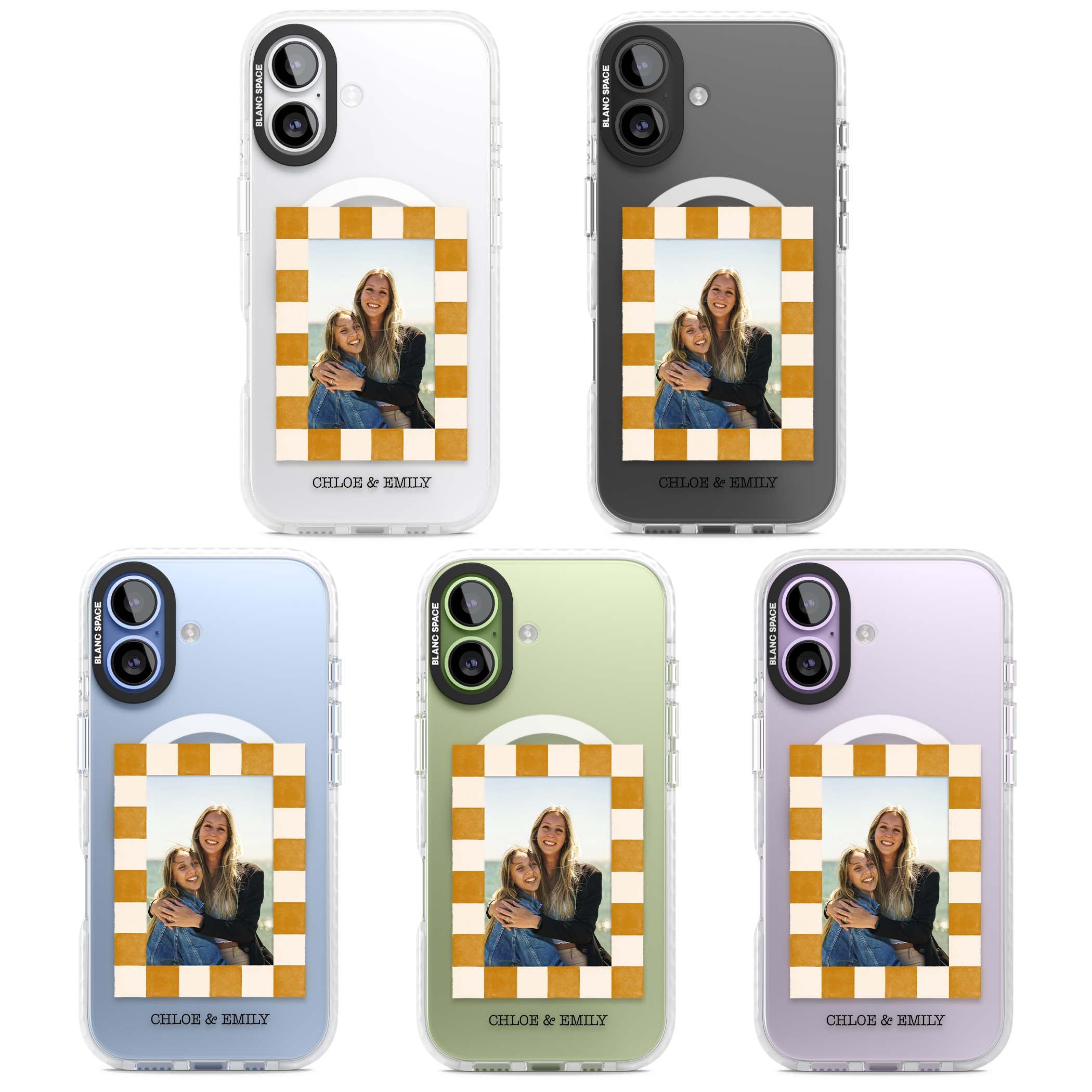 Citrus Check Photo personalised iPhone case with custom photo, orange checkered frame and names underneath | Impact Magsafe case for iPhone 17