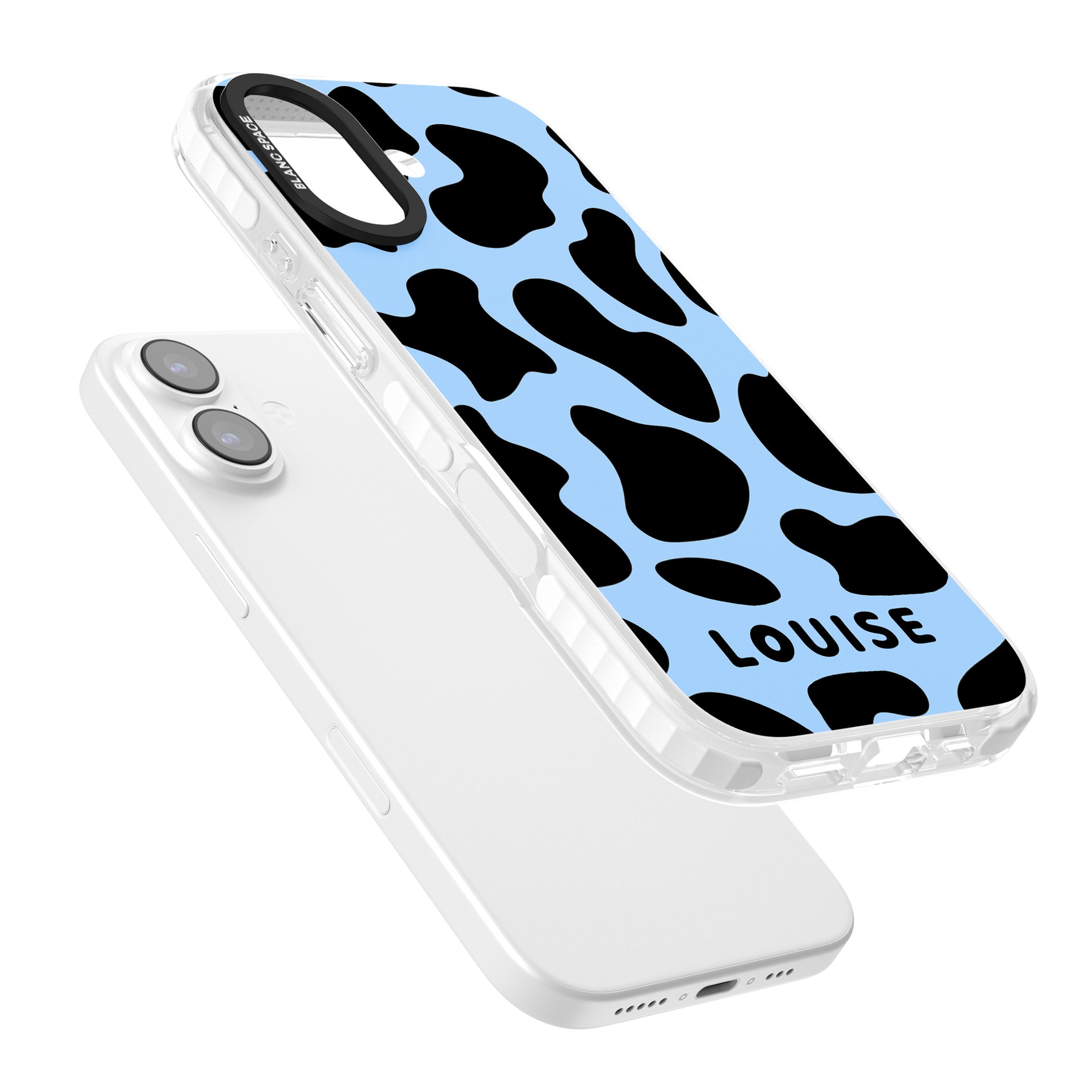 Personalised Blue And Black Cow Print iPhone 17 Impact Pro Clear Phone Case Colours