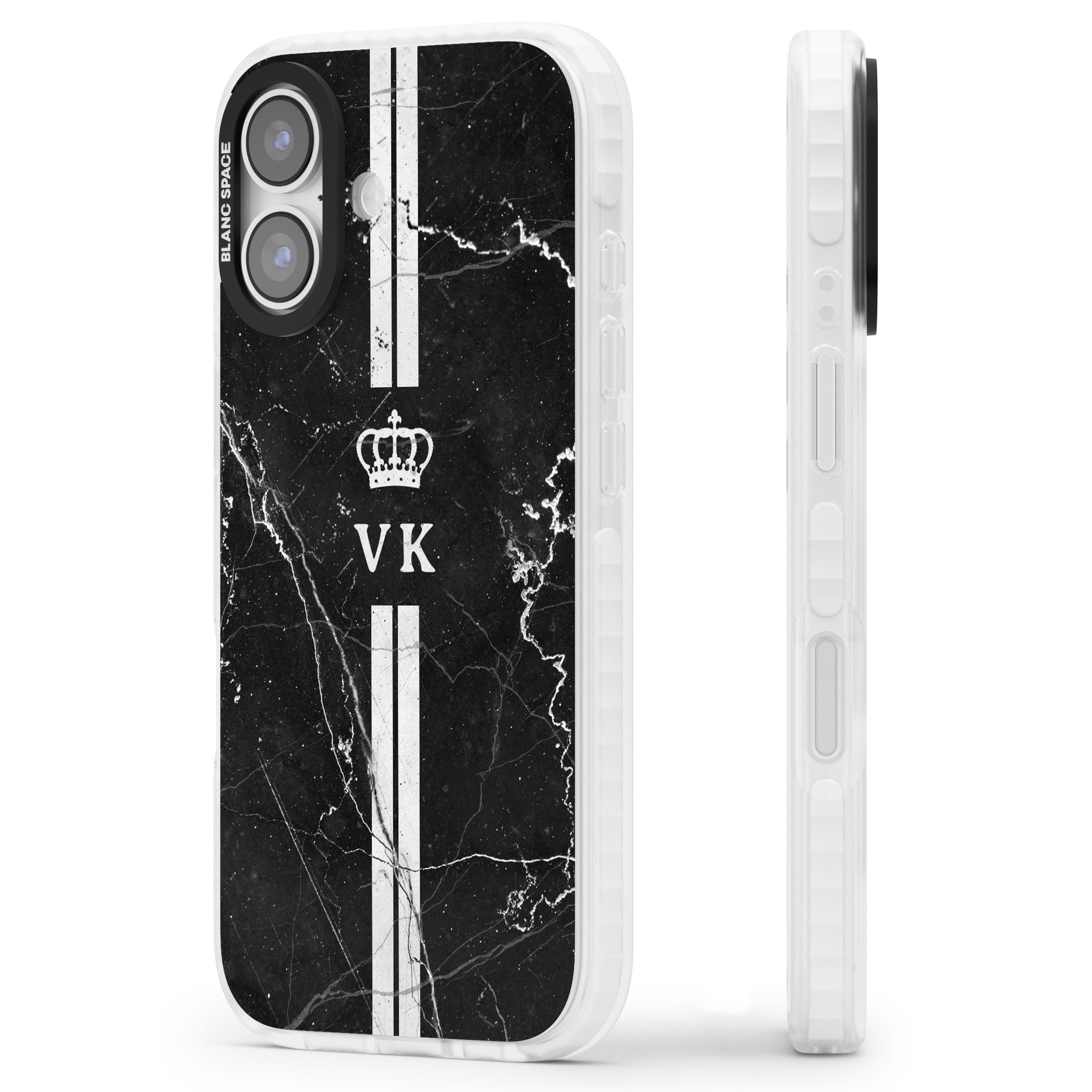 Personalised Black Marble Stripe Initials iPhone 17 Impact Pro Clear Phone Case Side Profile