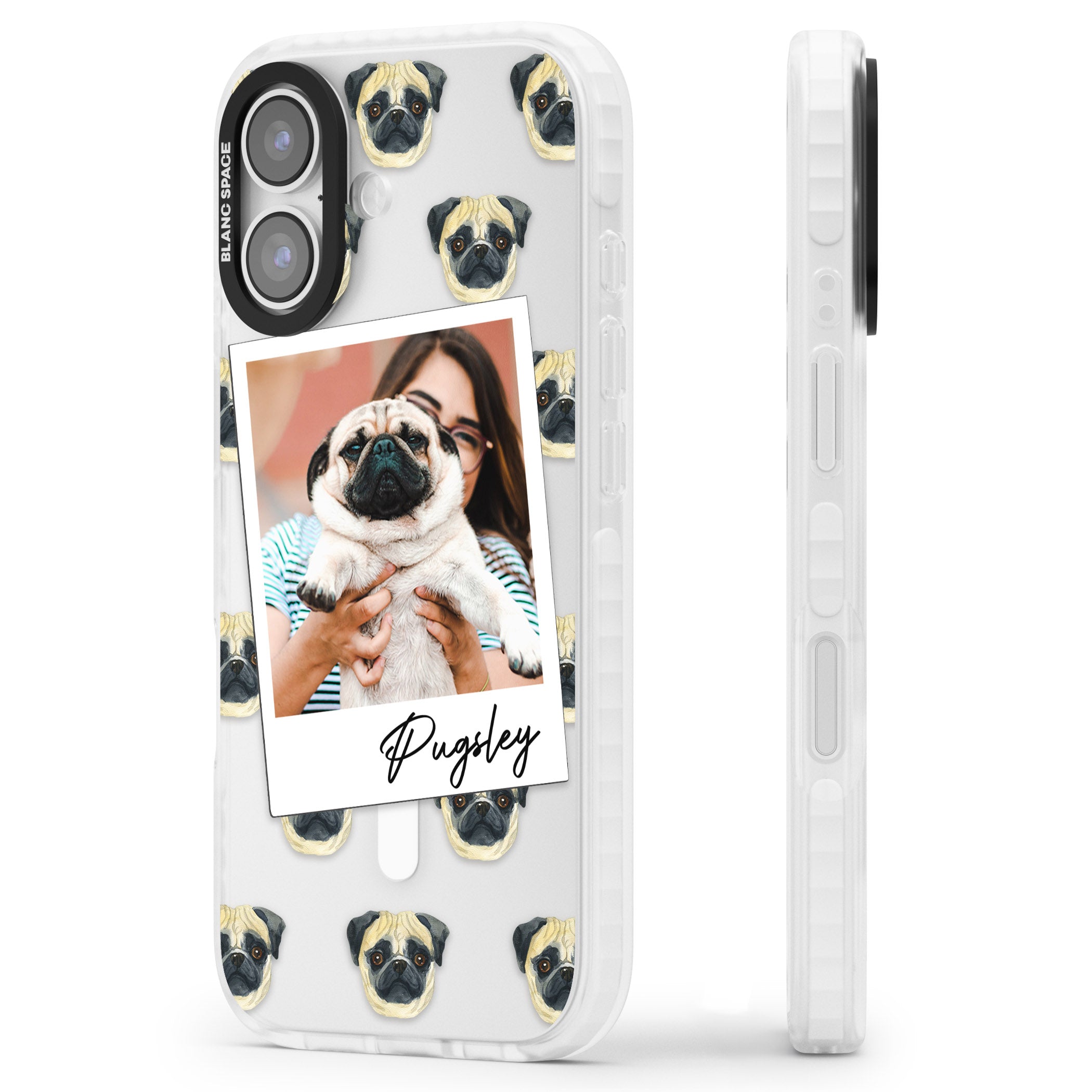 Personalised Pug Instant Camera Photo iPhone 17 Impact Pro Clear Phone Case Side Profile