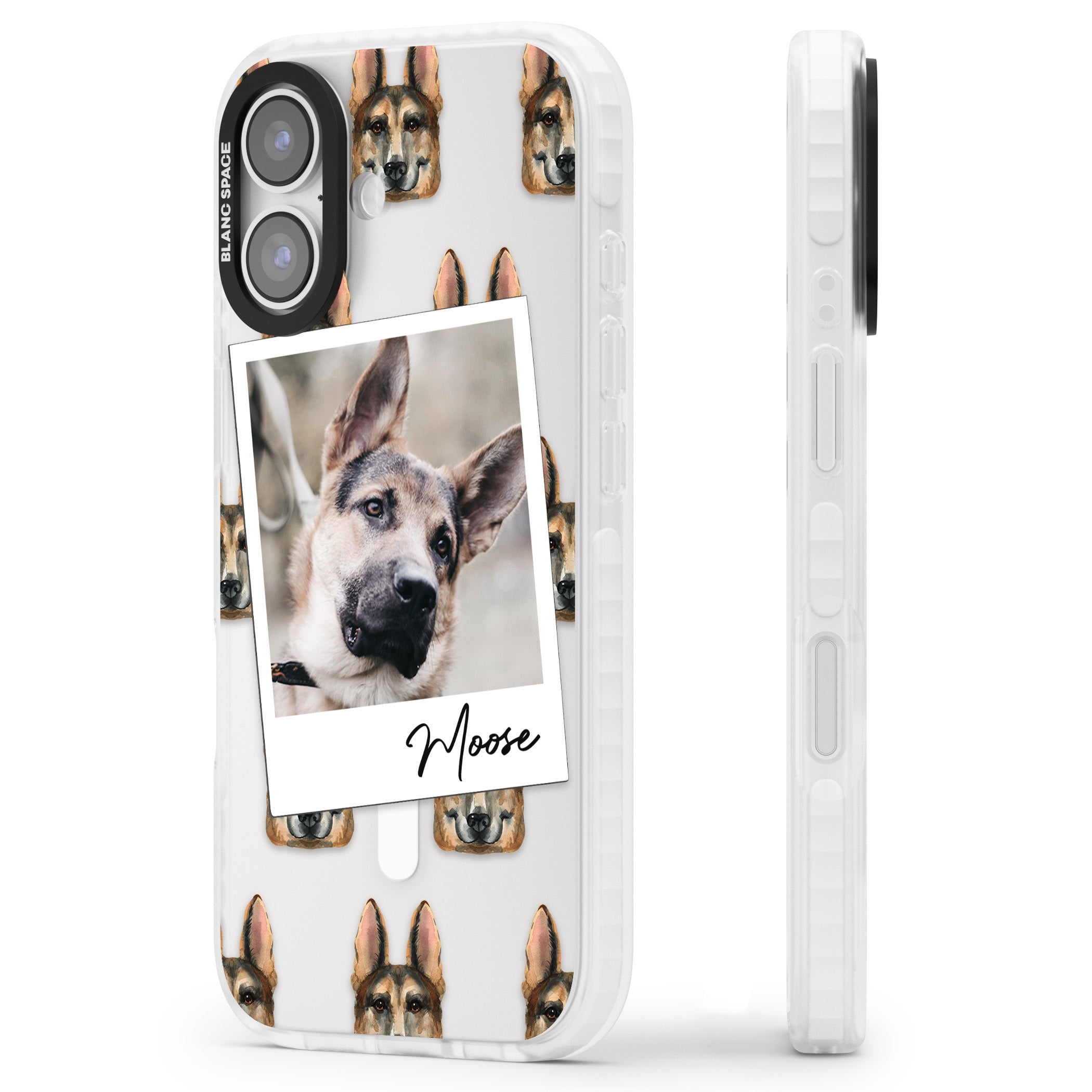 Personalised German Shepherd Instant Camera Photo iPhone 17 Impact Pro Clear Phone Case Side Profile