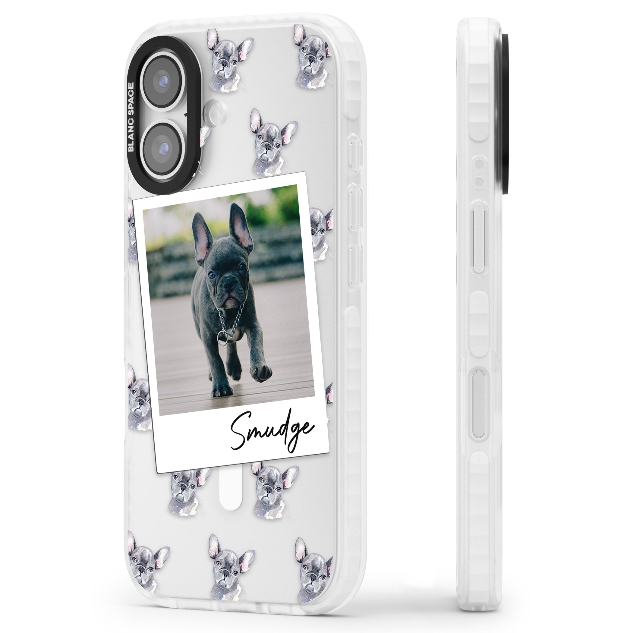 Personalised Grey French Bulldog Instant Camera Photo iPhone 17 Impact Pro Clear Phone Case Side Profile