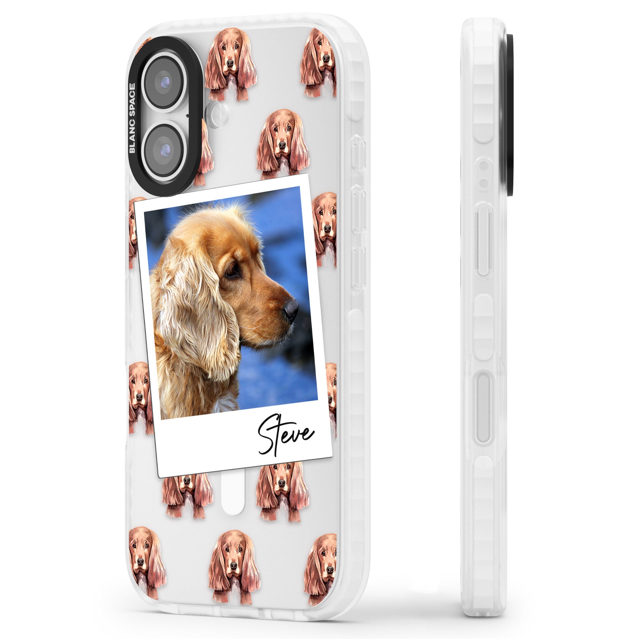 Personalised Cocker Spaniel Instant Camera Photo iPhone 17 Impact Pro Clear Phone Case Side Profile
