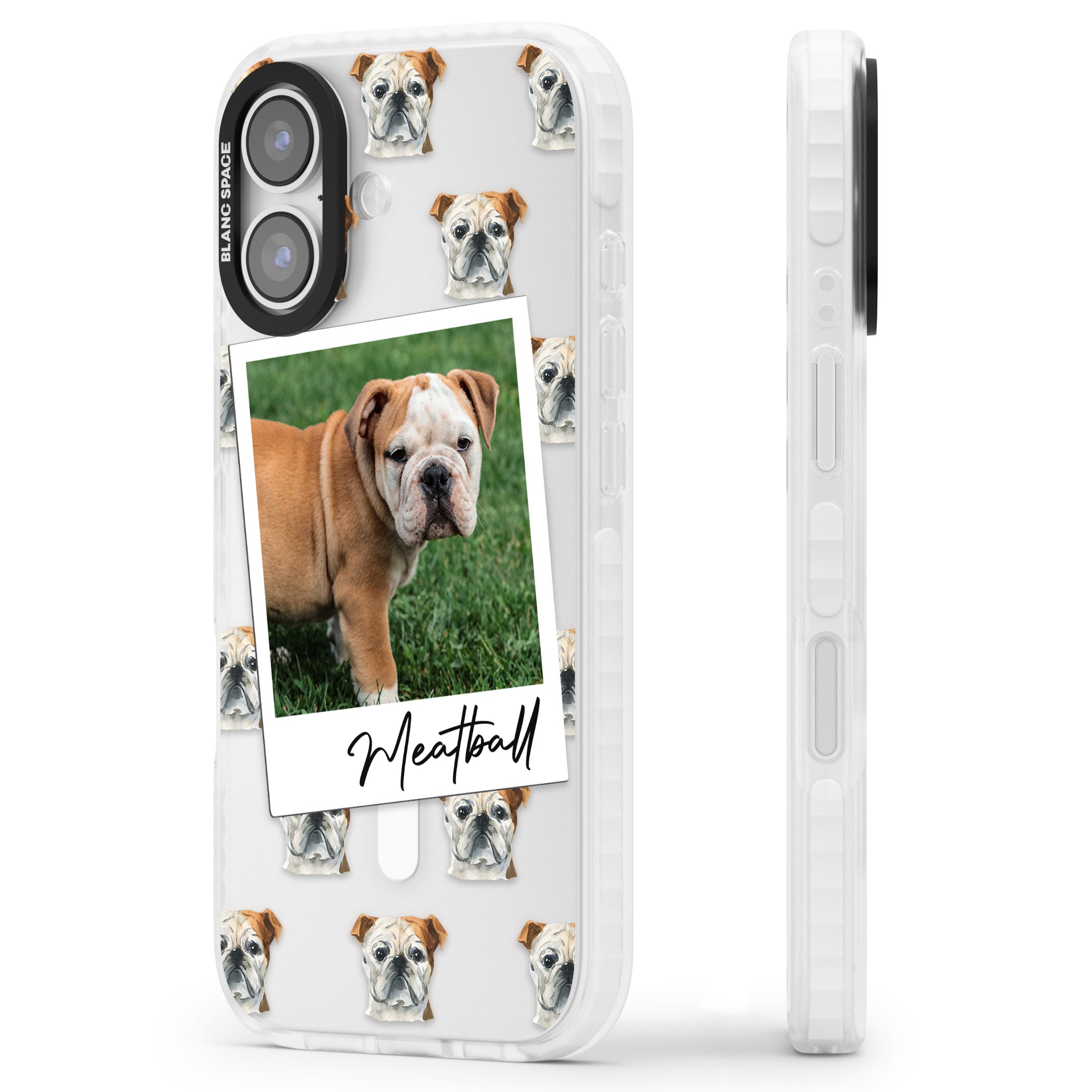 Personalised English Bulldog Instant Camera Photo iPhone 17 Impact Pro Clear Phone Case Side Profile