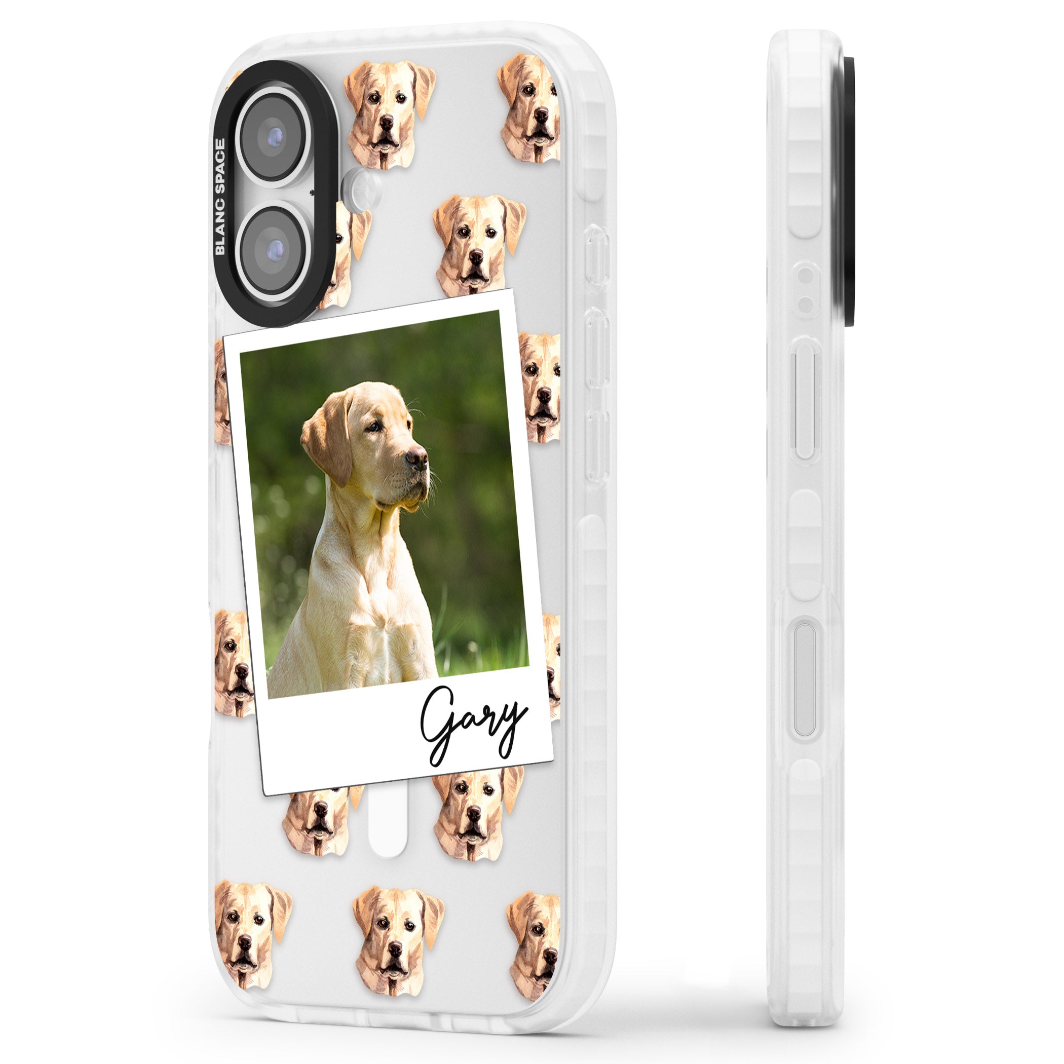 Personalised Tan Black Labrador Instant Camera Photo iPhone 17 Impact Pro Clear Phone Case Side Profile