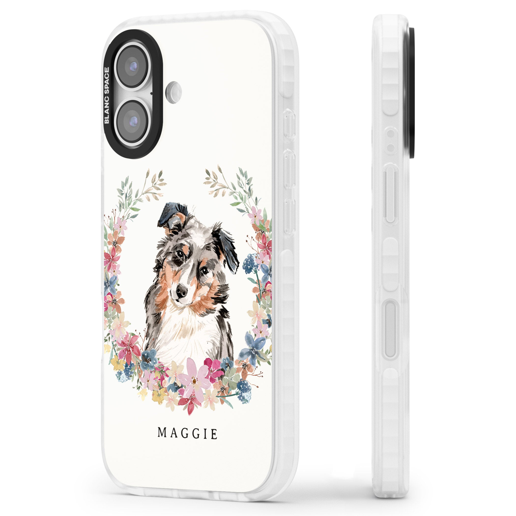 Personalised Australian Shepherd Floral Portrait iPhone 17 Impact Pro Clear Phone Case Side Profile