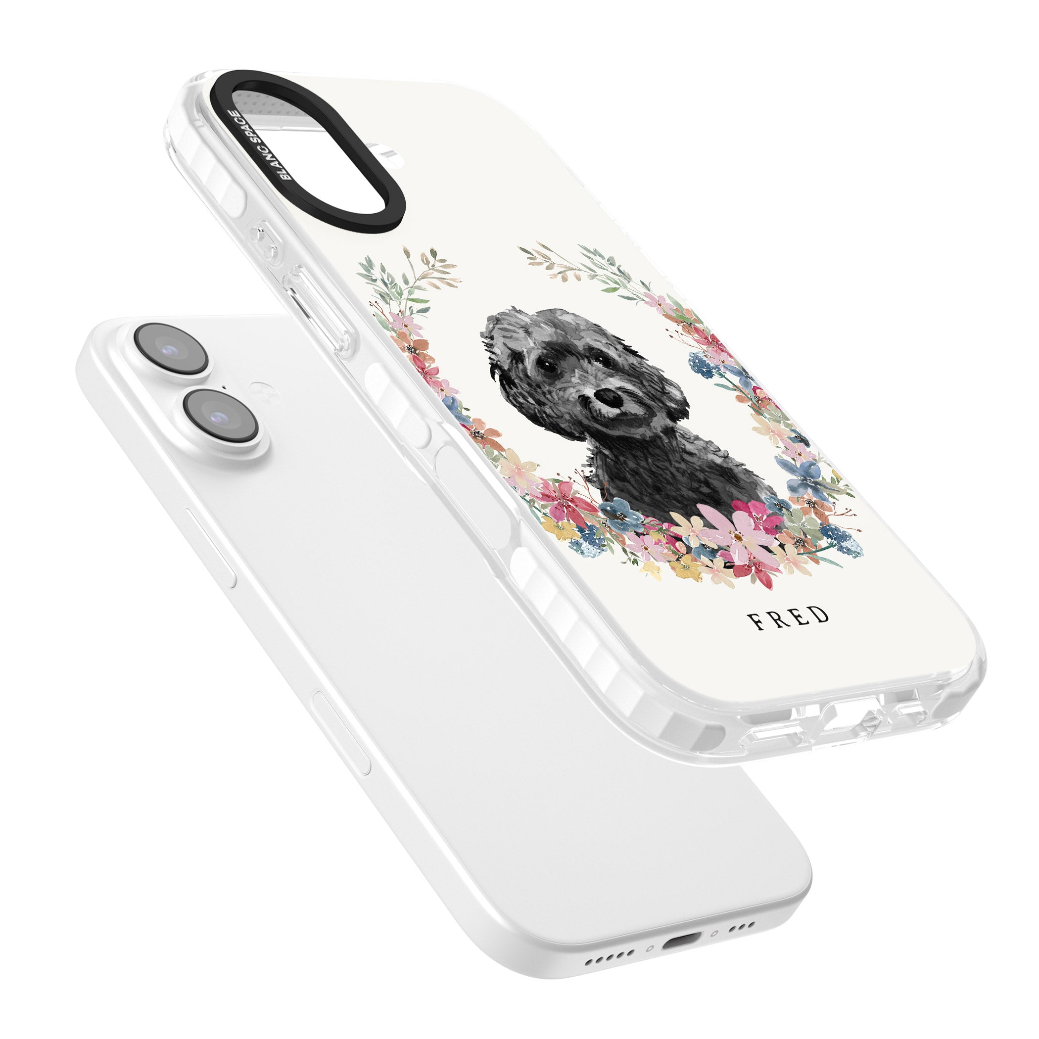 Personalised Black Cockapoo Floral Portrait iPhone 17 Impact Pro Clear Phone Case Colours