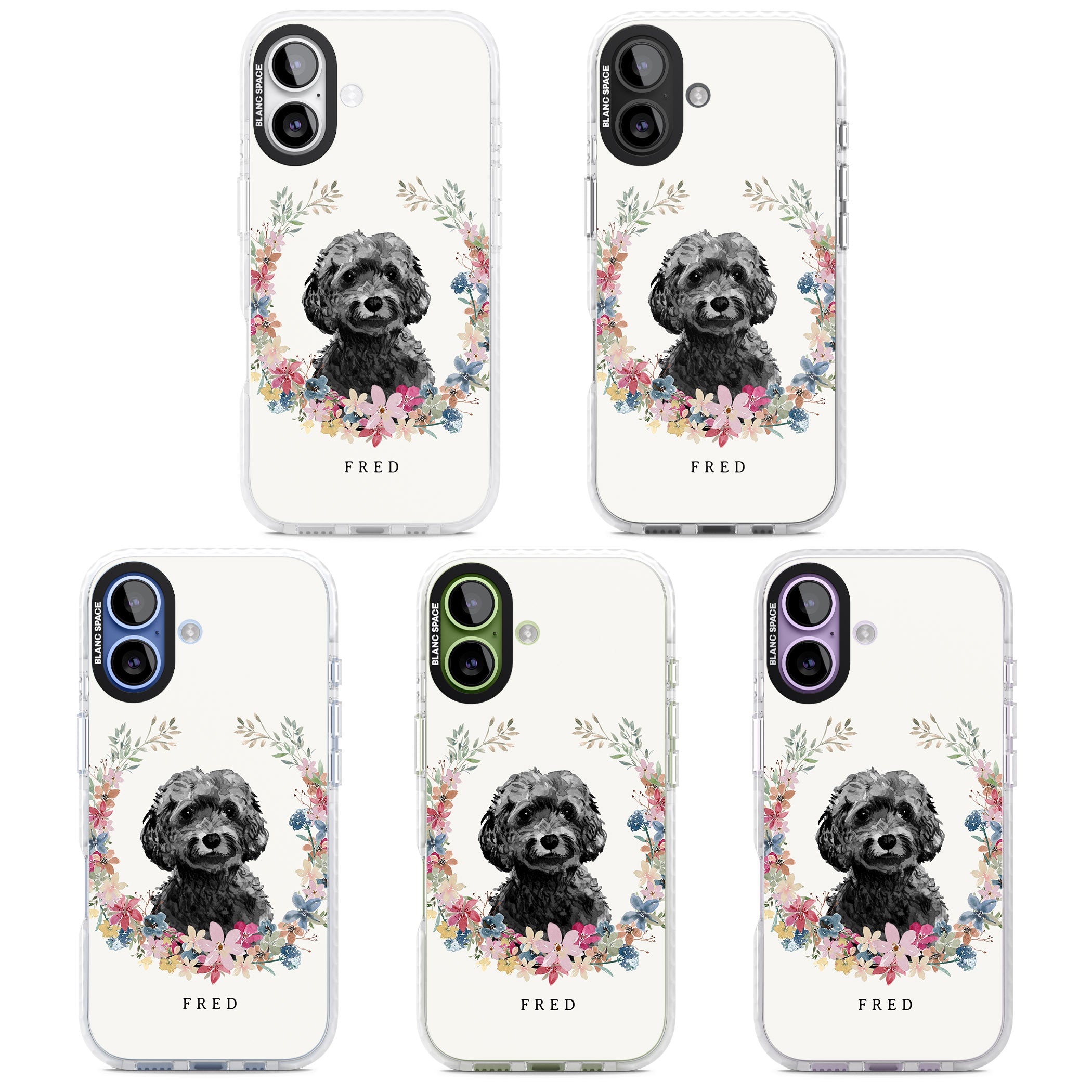 Personalised Black Cockapoo Floral Portrait iPhone 17 Impact Pro Clear Phone Case APT Impact Protection