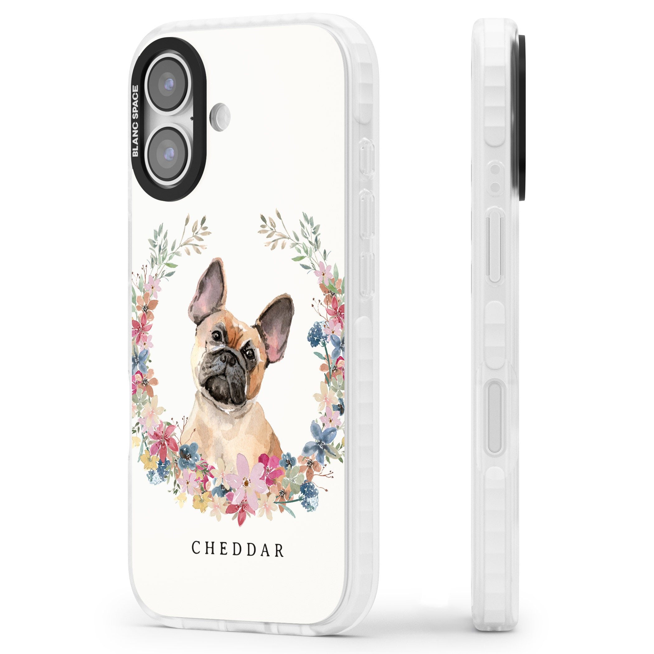 Personalised Tan French Bulldog Floral Portrait iPhone 17 Impact Pro Clear Phone Case Side Profile