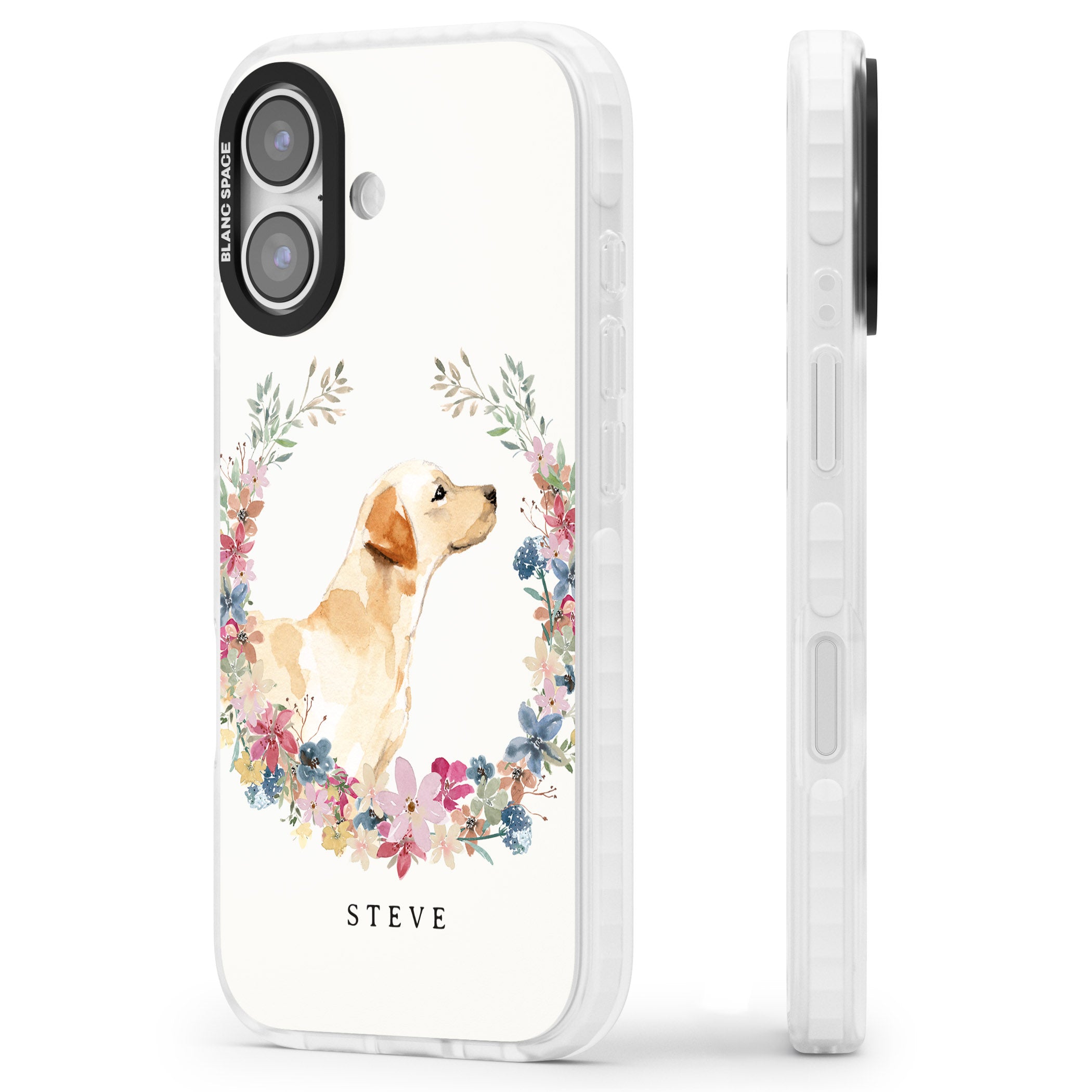 Personalised Yellow Labrador Floral Portrait iPhone 17 Impact Pro Clear Phone Case Side Profile