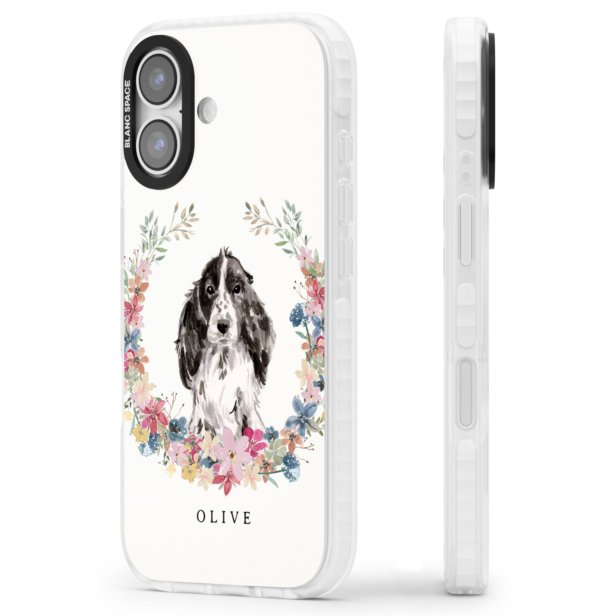 Personalised Black Cocker Spaniel Floral Portrait iPhone 17 Impact Pro Clear Phone Case Side Profile