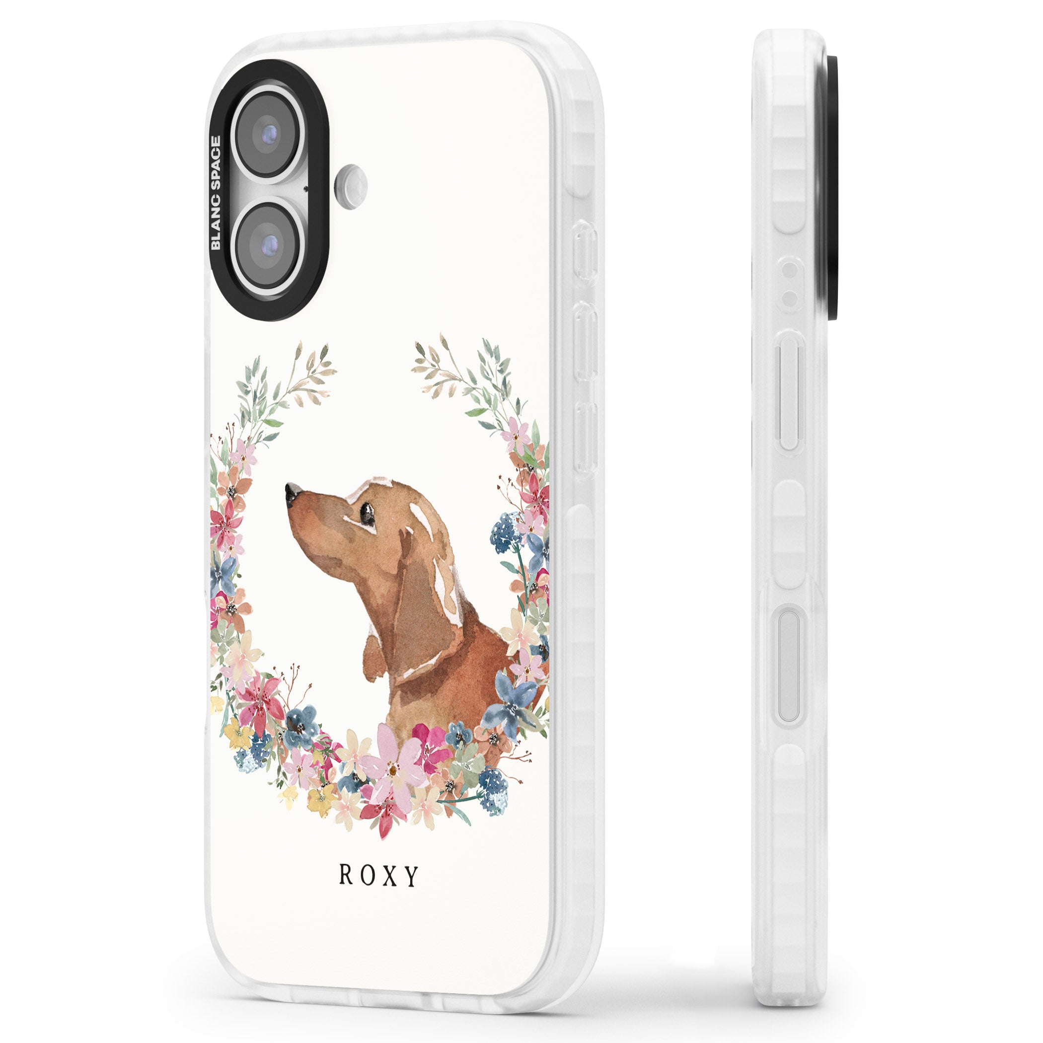 Personalised Tan Dachshund Floral Portrait iPhone 17 Impact Pro Clear Phone Case Side Profile