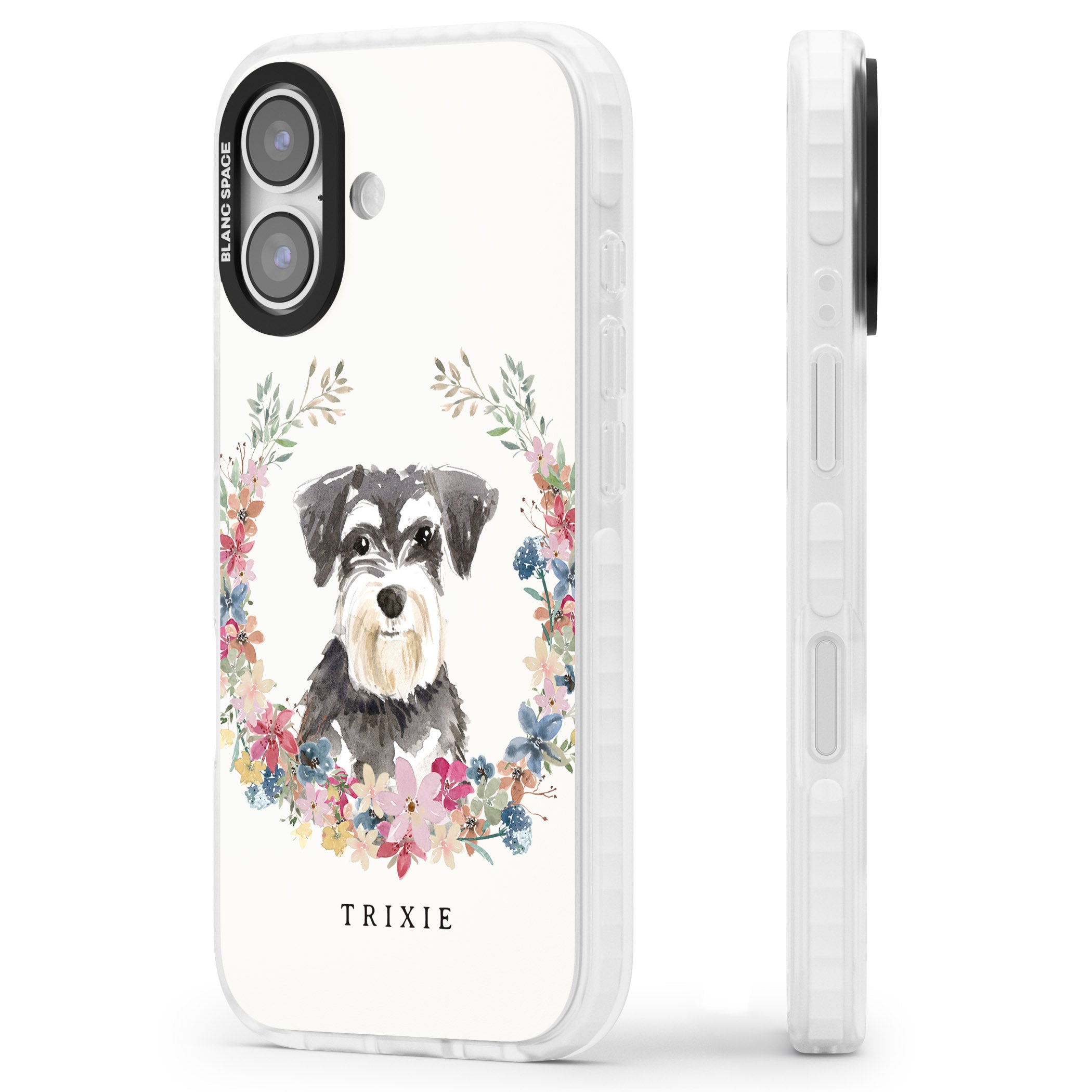Personalised Watercolor Schnauzer Floral Portrait iPhone 17 Impact Pro Clear Phone Case Side Profile