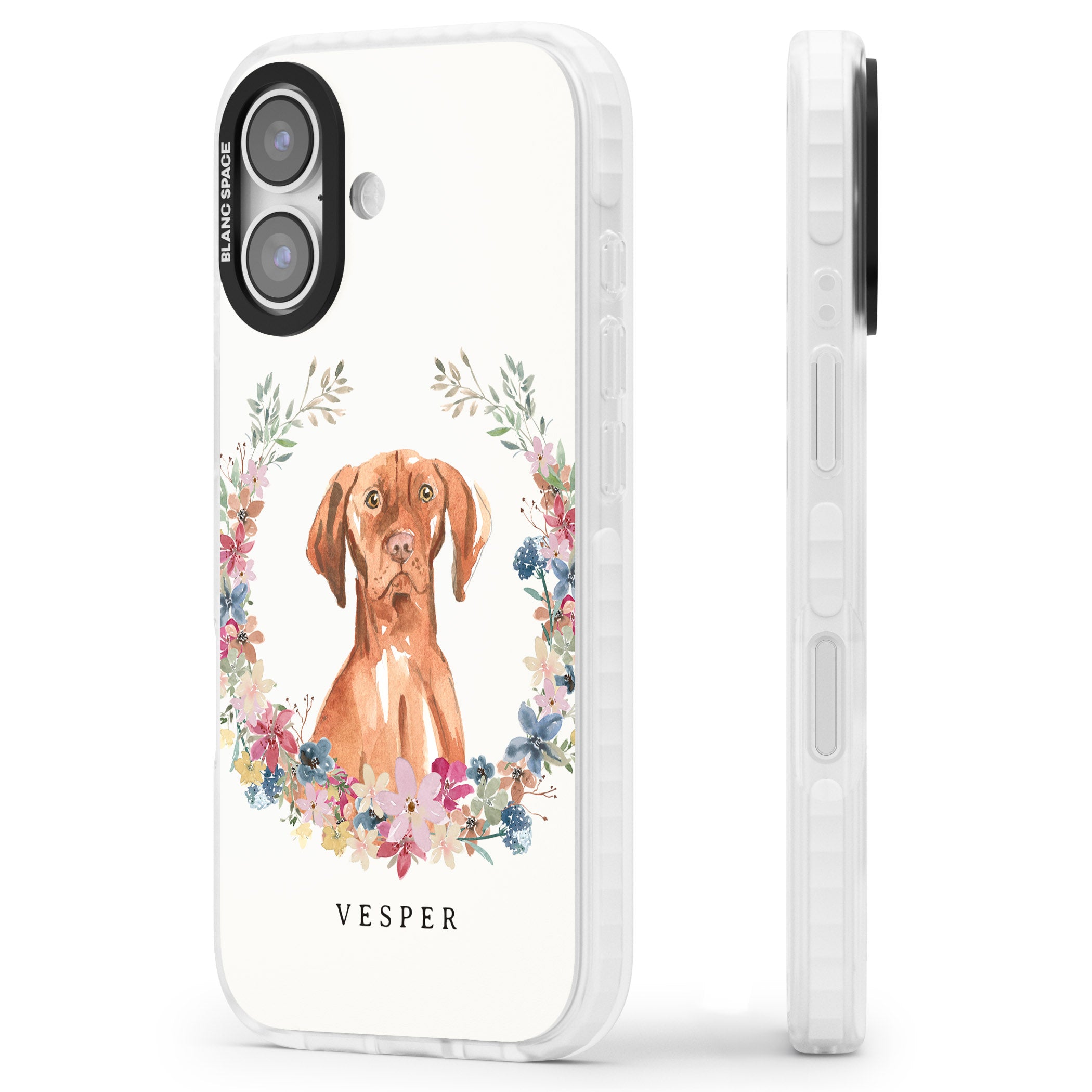Personalised Hungarian Vizsla Floral Portrait iPhone 17 Impact Pro Clear Phone Case Side Profile