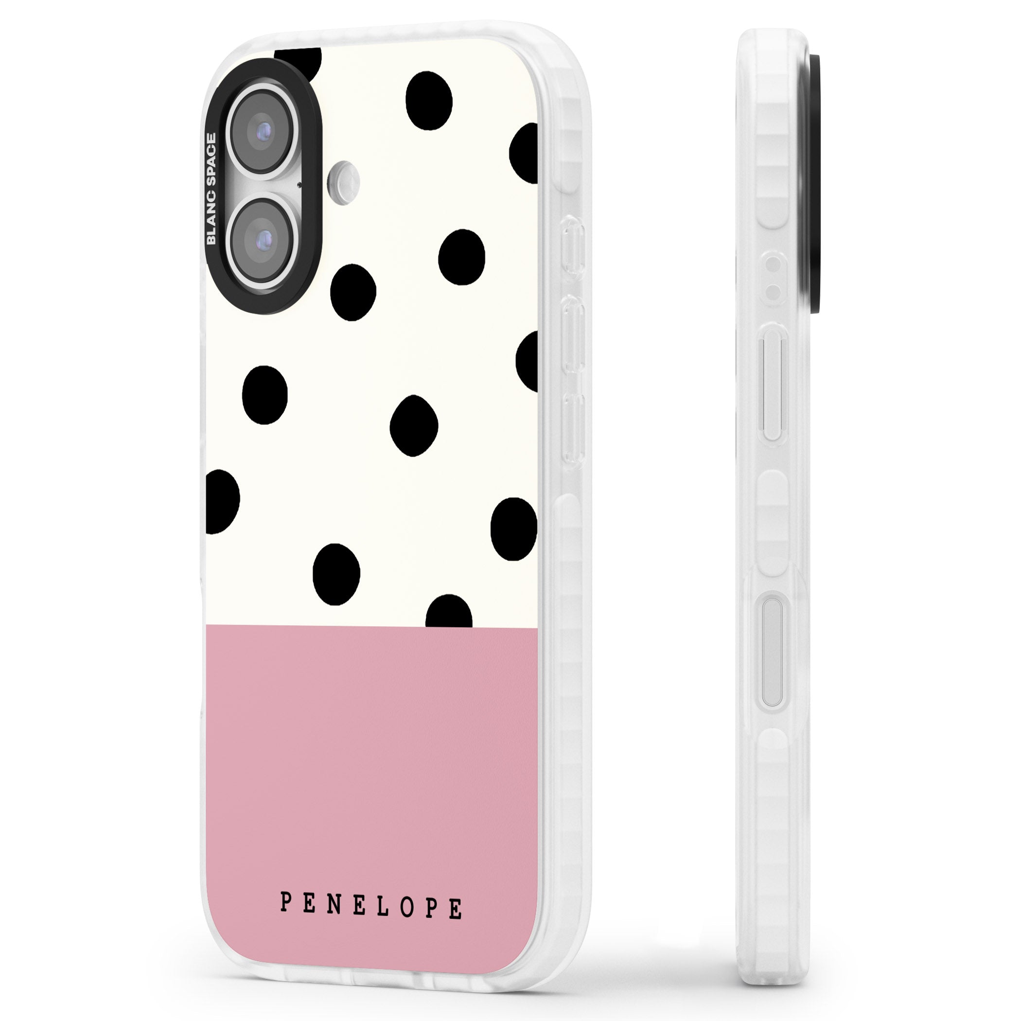 Personalised Pink Border Polka Dot iPhone 17 Impact Pro Clear Phone Case Side Profile