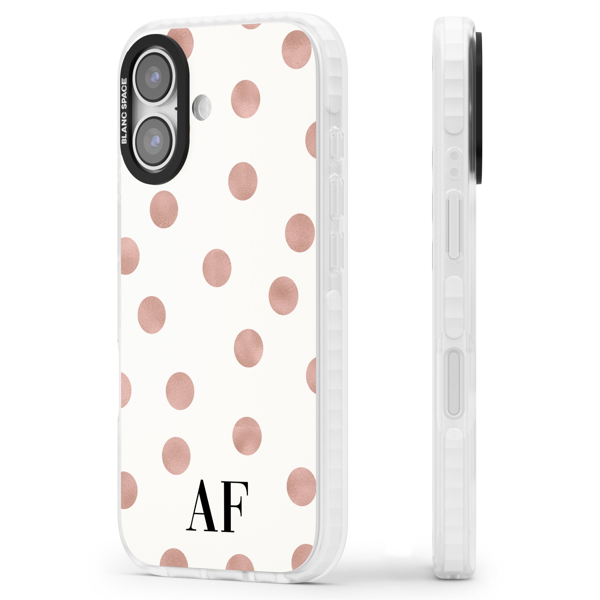 Personalised Rose Gold Dots & Initials iPhone 17 Impact Pro Clear Phone Case Side Profile