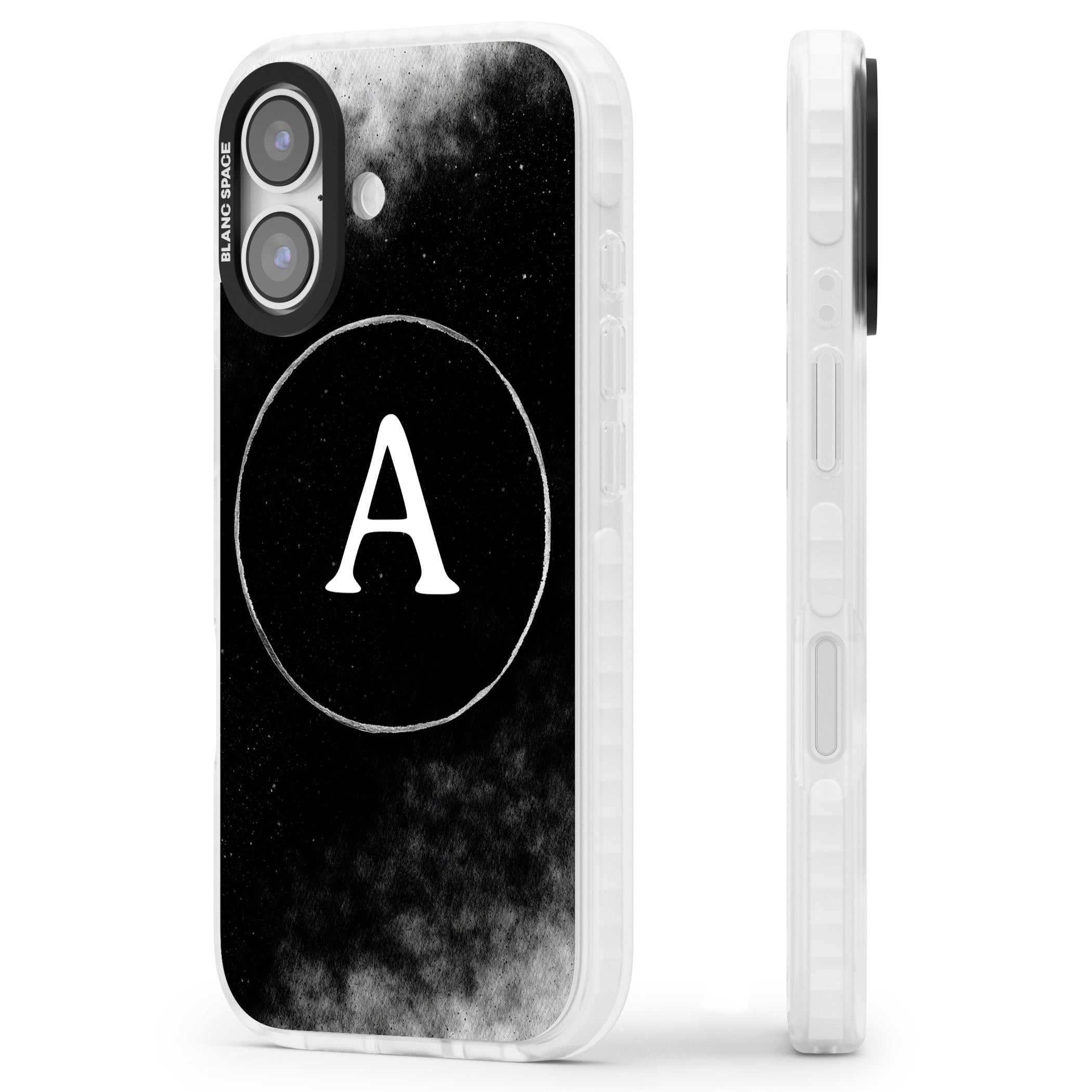 Personalised Monochrome Cosmic Monogram iPhone 17 Impact Pro Clear Phone Case Side Profile