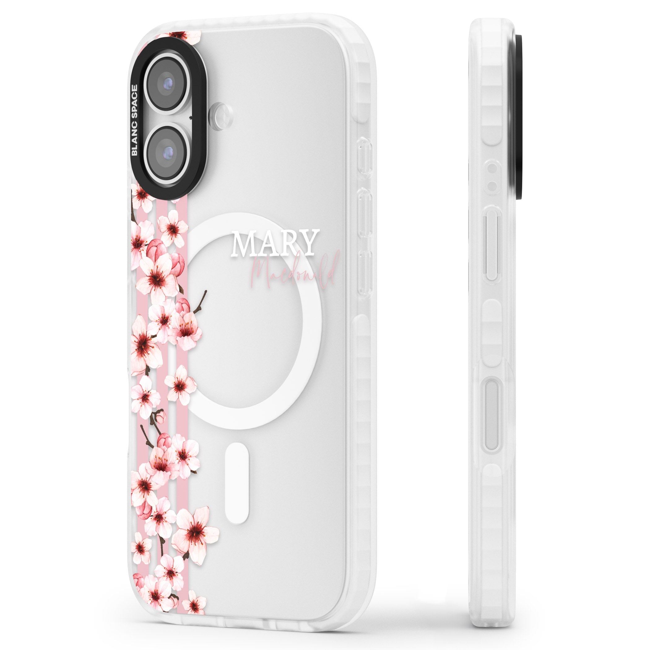 Personalised Cherry Blossom Stripes iPhone 17 Impact Pro Clear Phone Case Side Profile