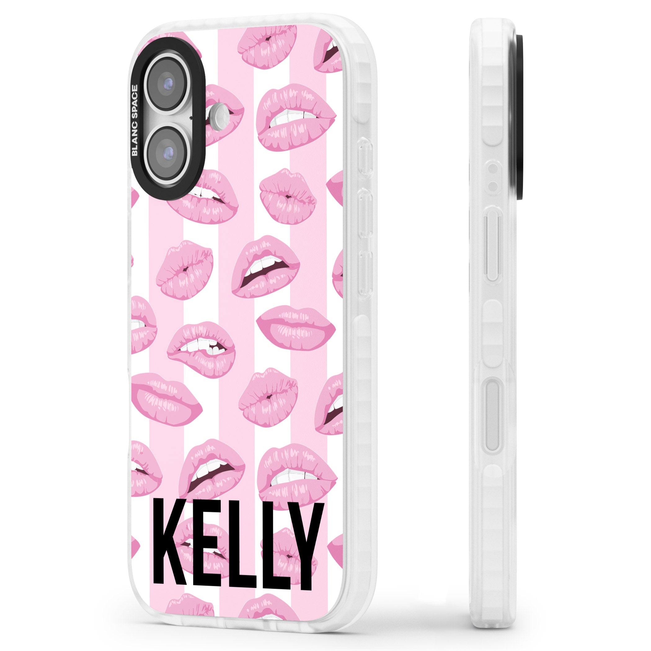 Personalised Pink Stripes & Lips iPhone 17 Impact Pro Clear Phone Case Side Profile