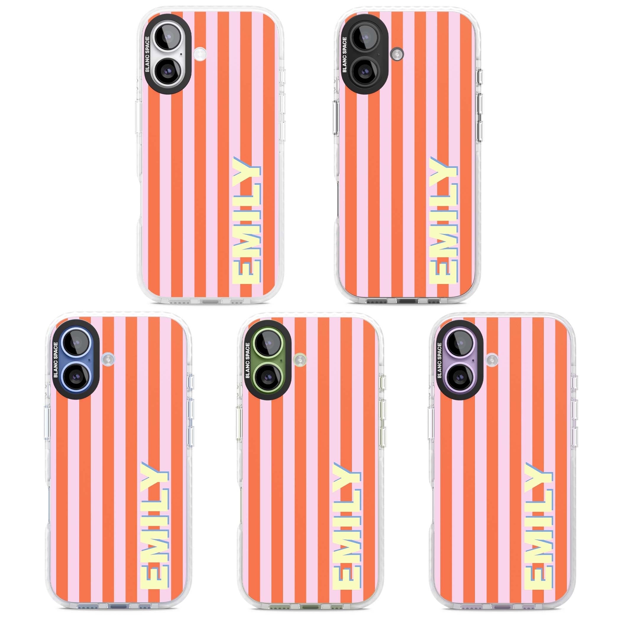 Havana Stripe personalised iPhone case featuring pink and orange vertical stripes with a custom yellow name | Impact Magsafe case for iPhone 17