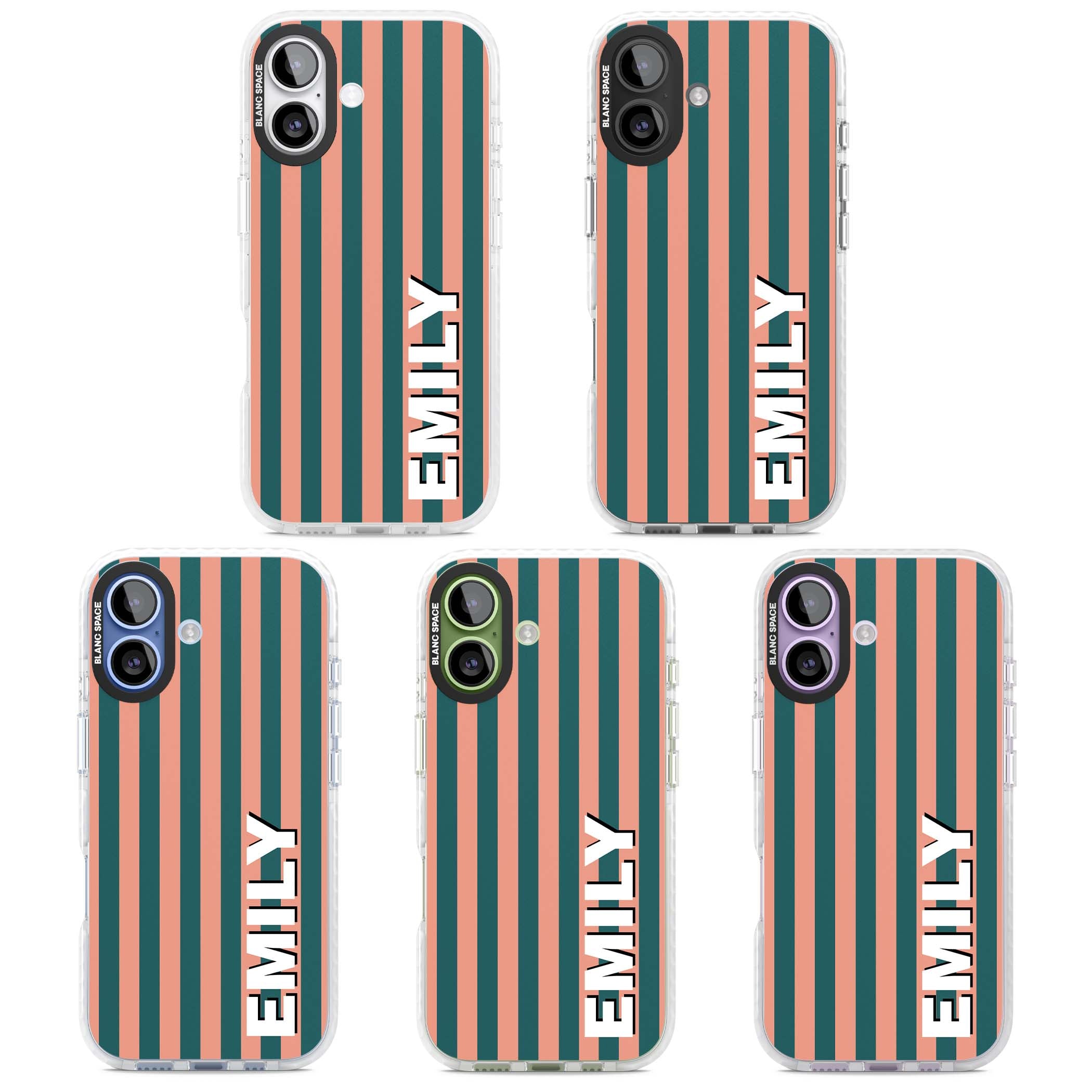 Tuscan Stripe personalised iPhone case featuring coral and green vertical stripes with bold custom name | Impact Magsafe case for iPhone 17