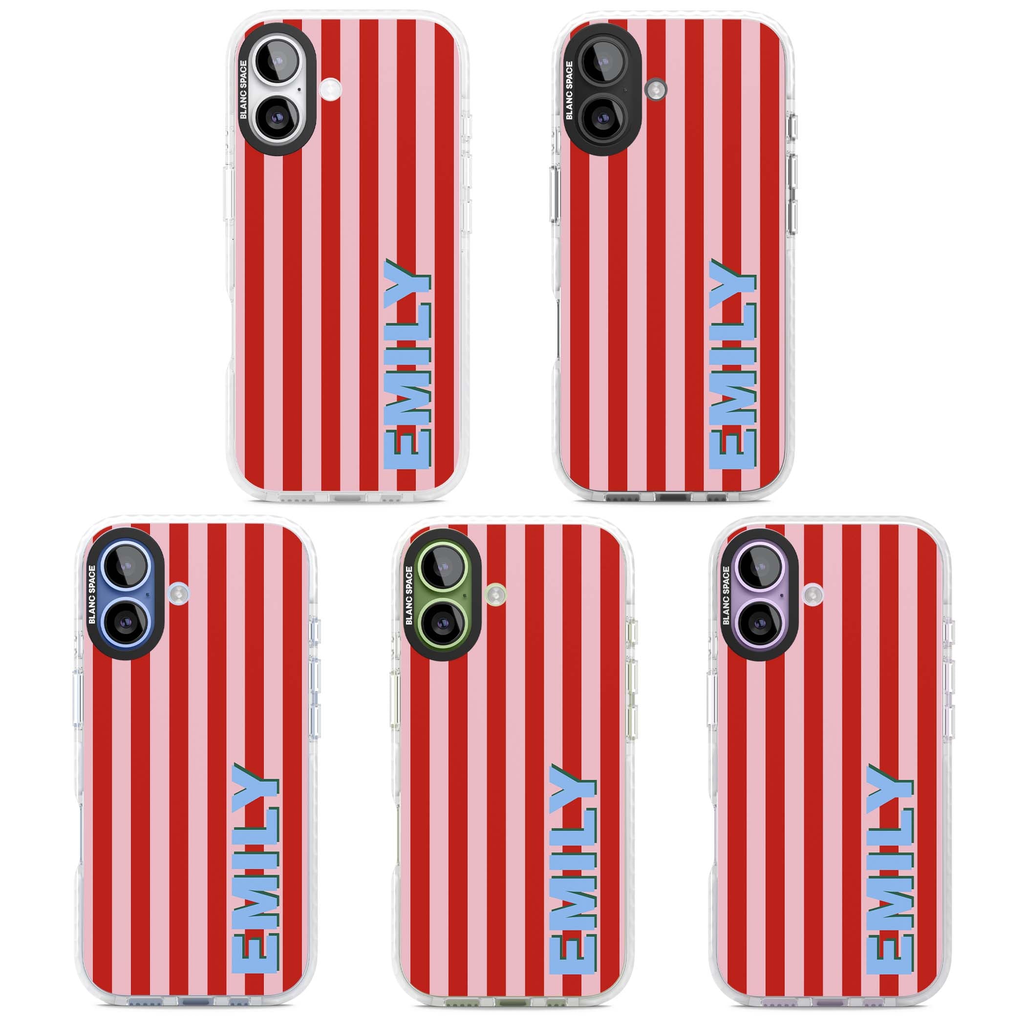 Market Stripe personalised iPhone case with red and pink vertical stripes and custom blue name | Impact Magsafe case for iPhone 17