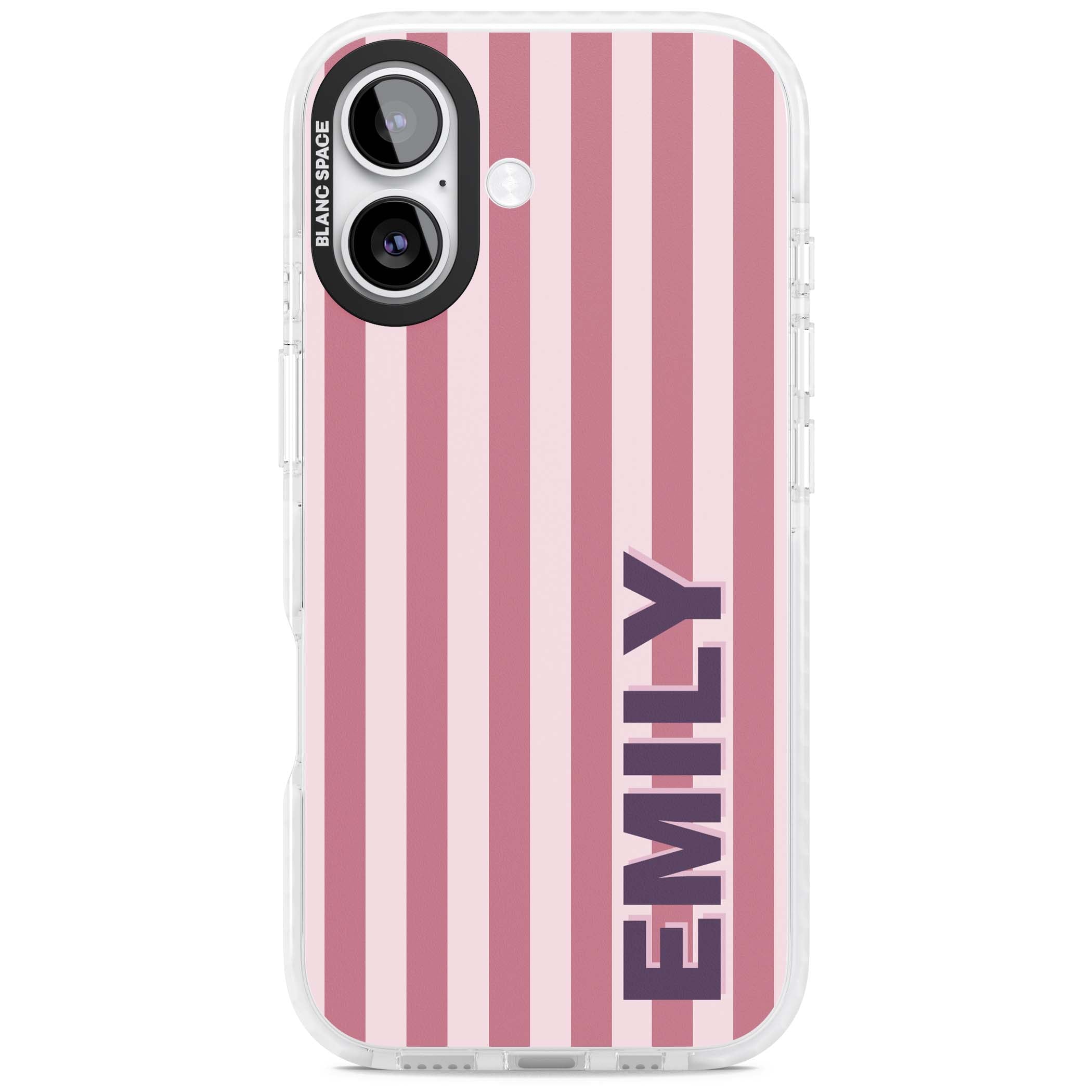 Victoria Stripe personalised iPhone case featuring pink vertical stripes and custom name in bold plum lettering | Impact Magsafe case for iPhone 17