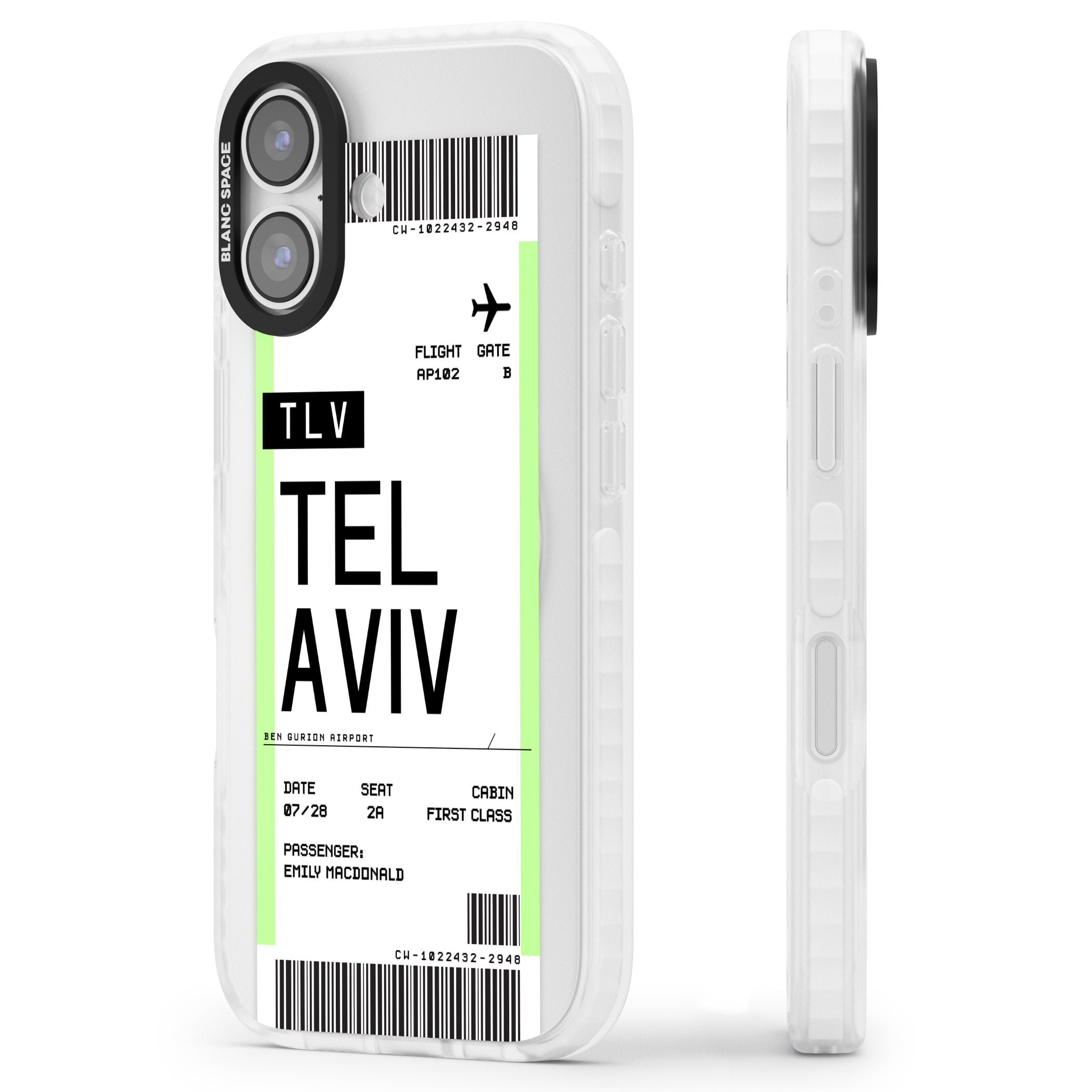 Personalised Tel Aviv Boarding Pass iPhone 17 Impact Pro Clear Phone Case Side Profile