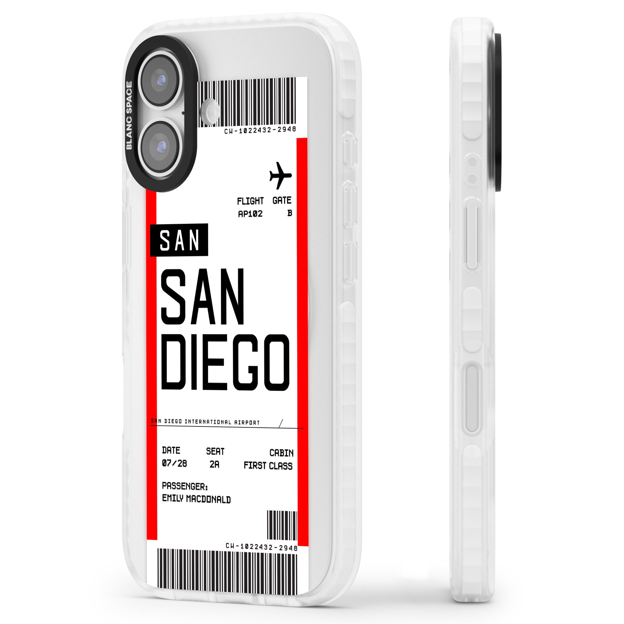 Personalised San Diego Boarding Pass iPhone 17 Impact Pro Clear Phone Case Side Profile