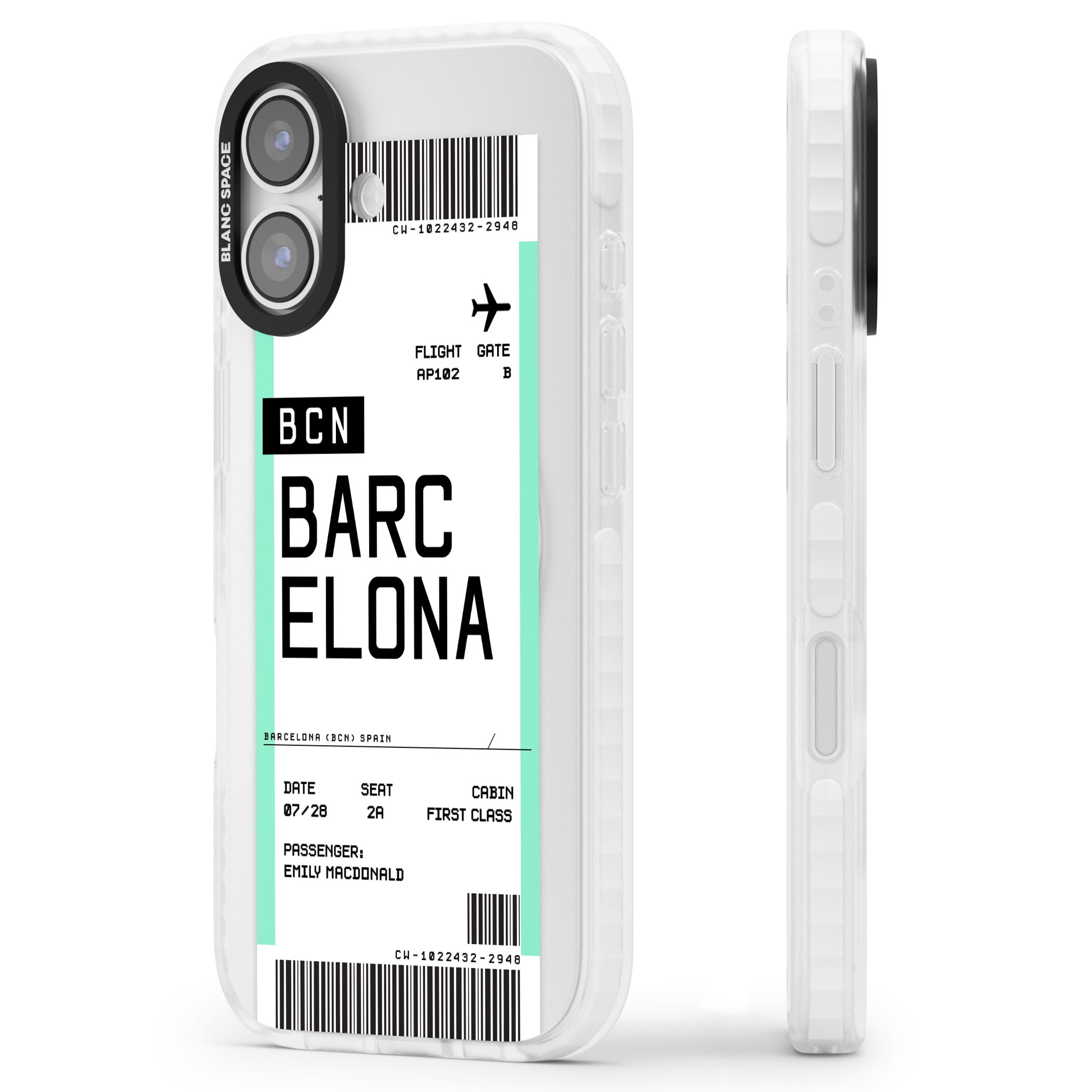 Personalised Barcelona Boarding Pass iPhone 17 Impact Pro Clear Phone Case Side Profile