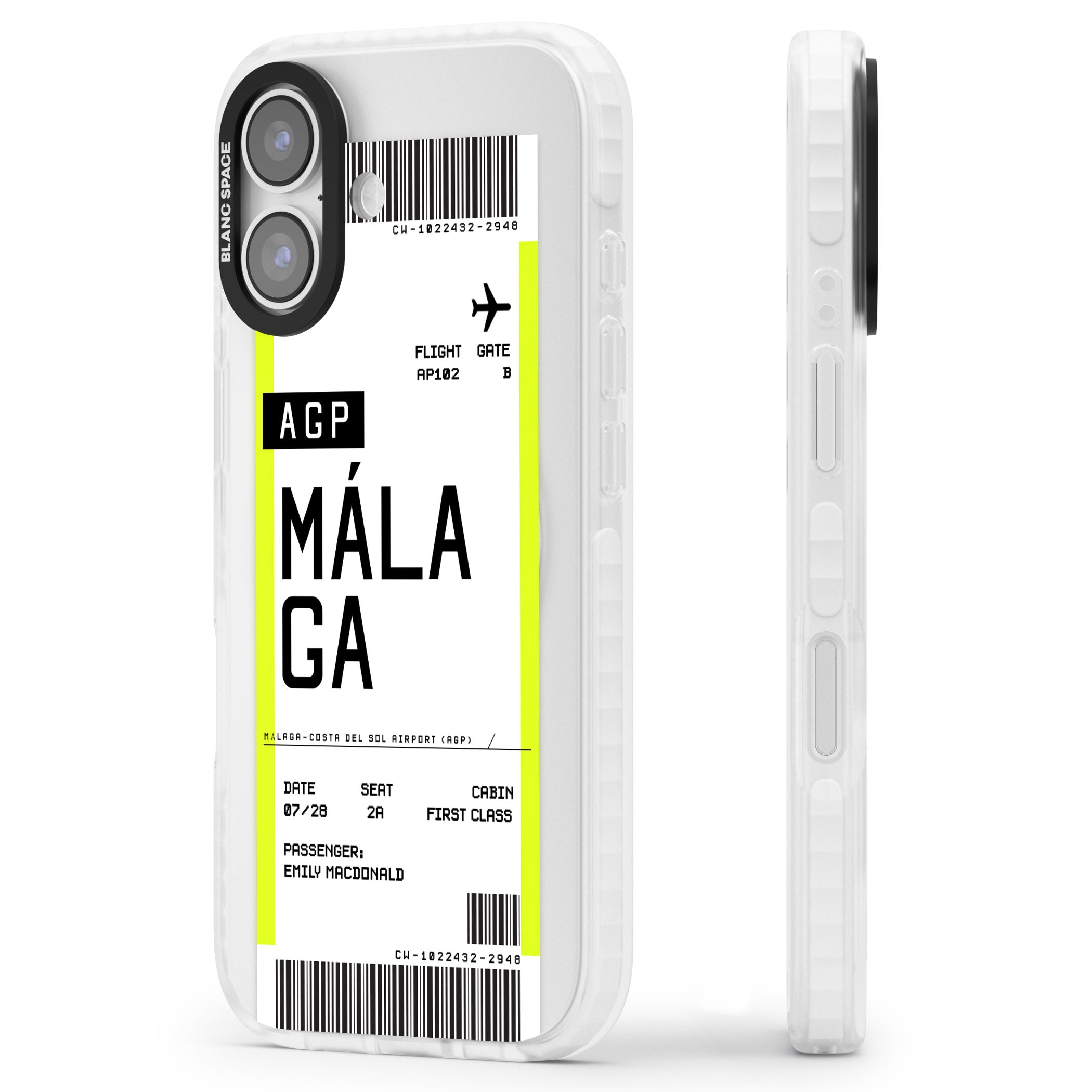 Personalised Málaga Boarding Pass iPhone 17 Impact Pro Clear Phone Case Side Profile
