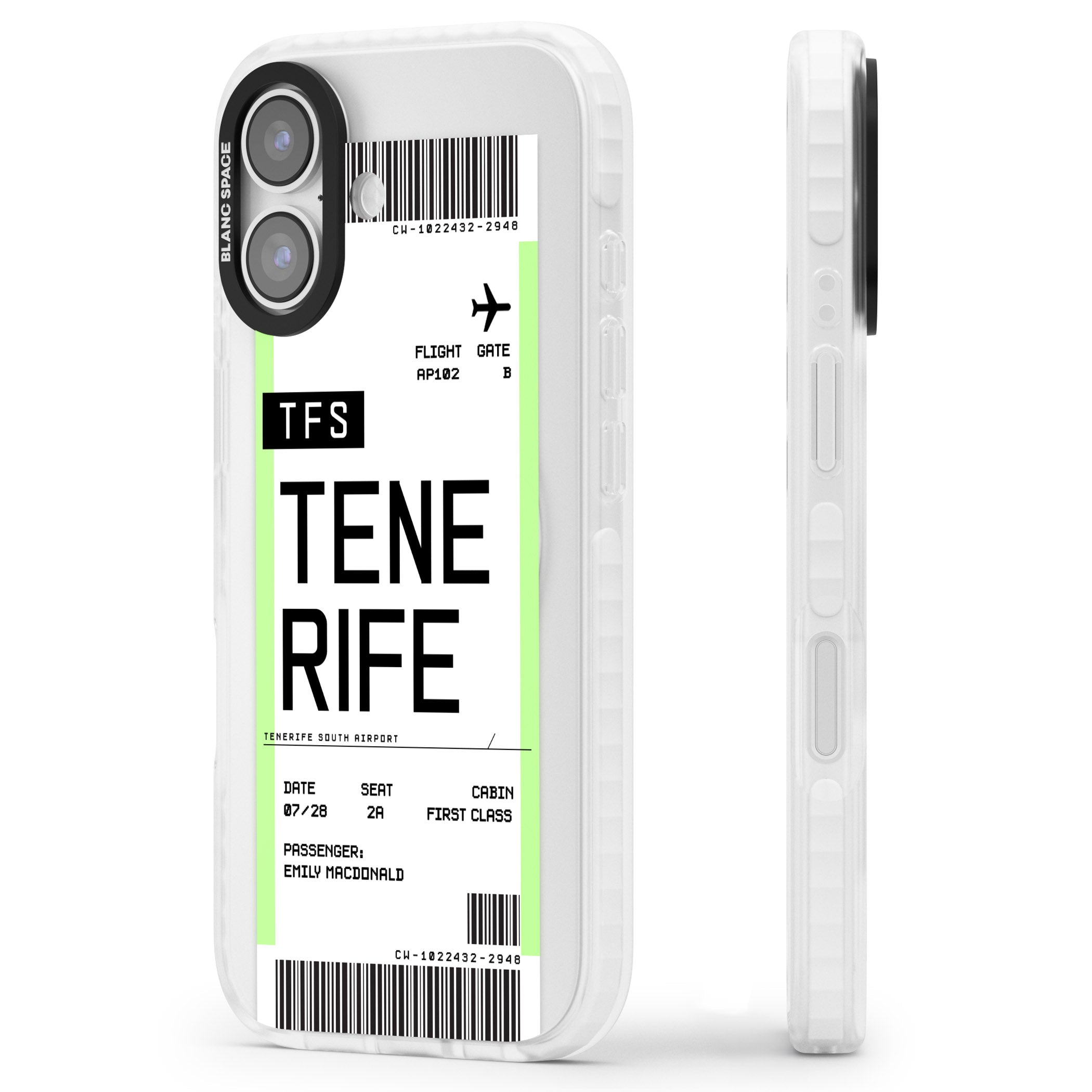 Personalised Tenerife Boarding Pass iPhone 17 Impact Pro Clear Phone Case Side Profile