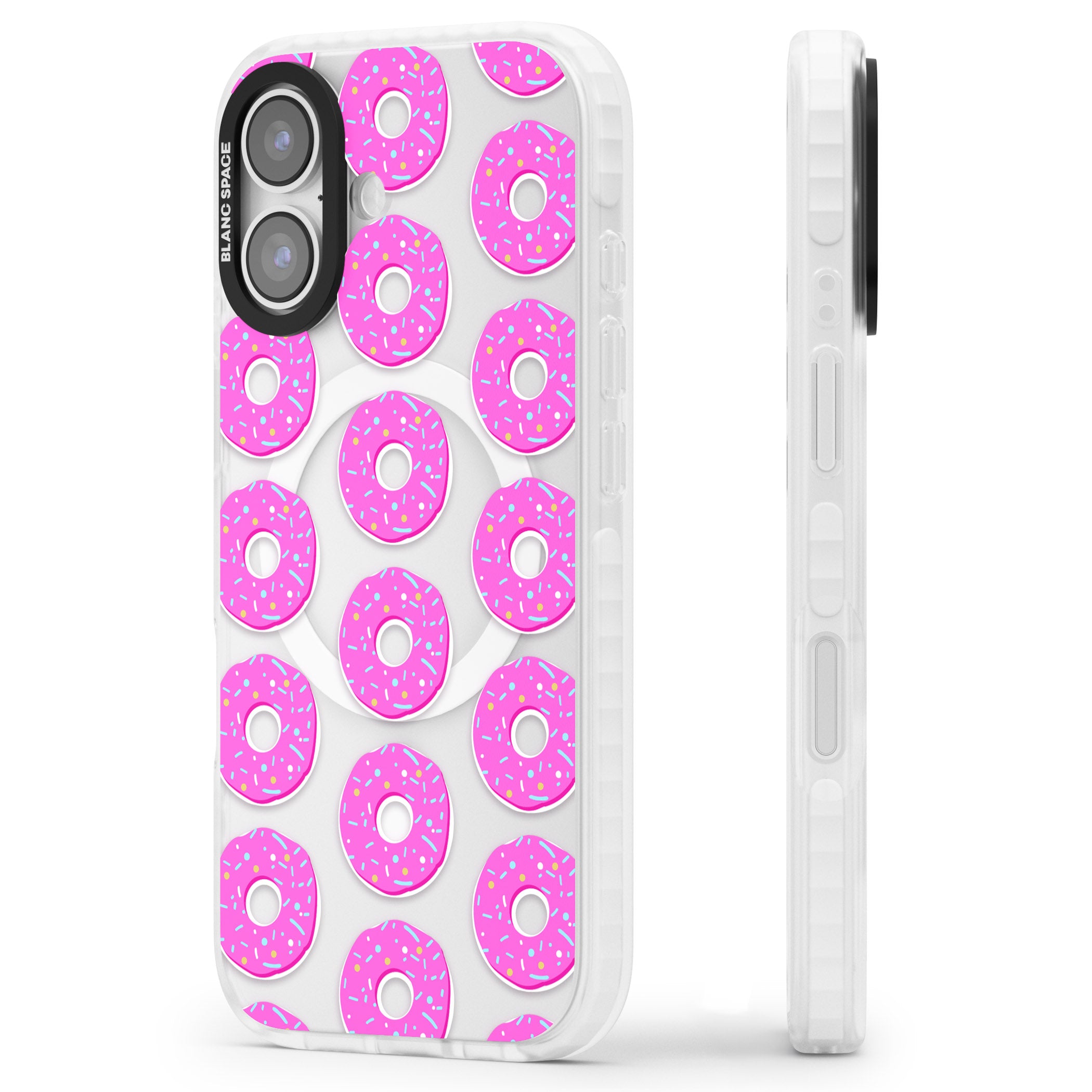 Pink Donut Pattern iPhone 17 Impact Pro Clear Phone Case Side Profile