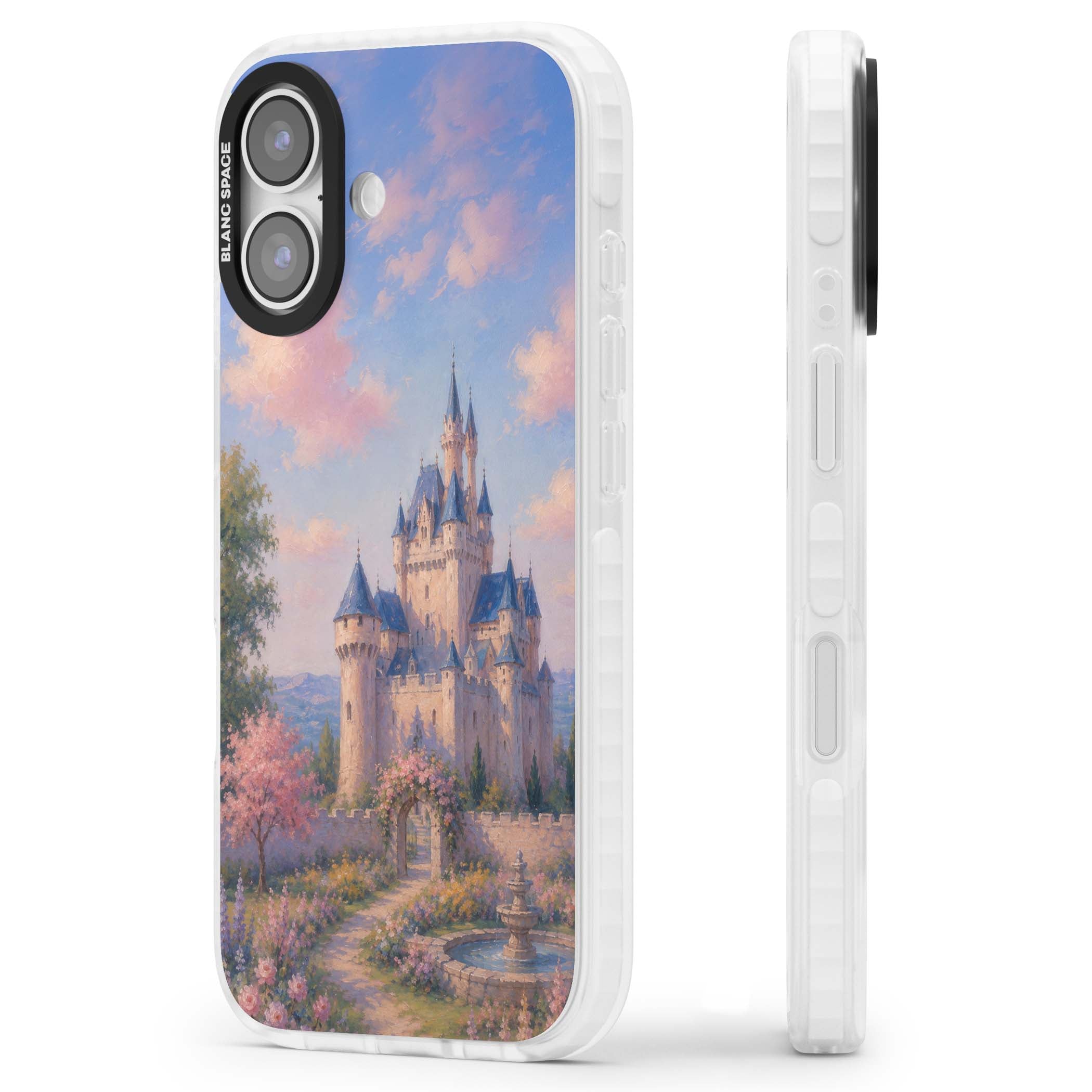 Enchanted Kingdom fairytale iPhone case featuring a romantic castle painting with cherry blossoms and pastel pink sky | Impact Magsafe case for iPhone 17