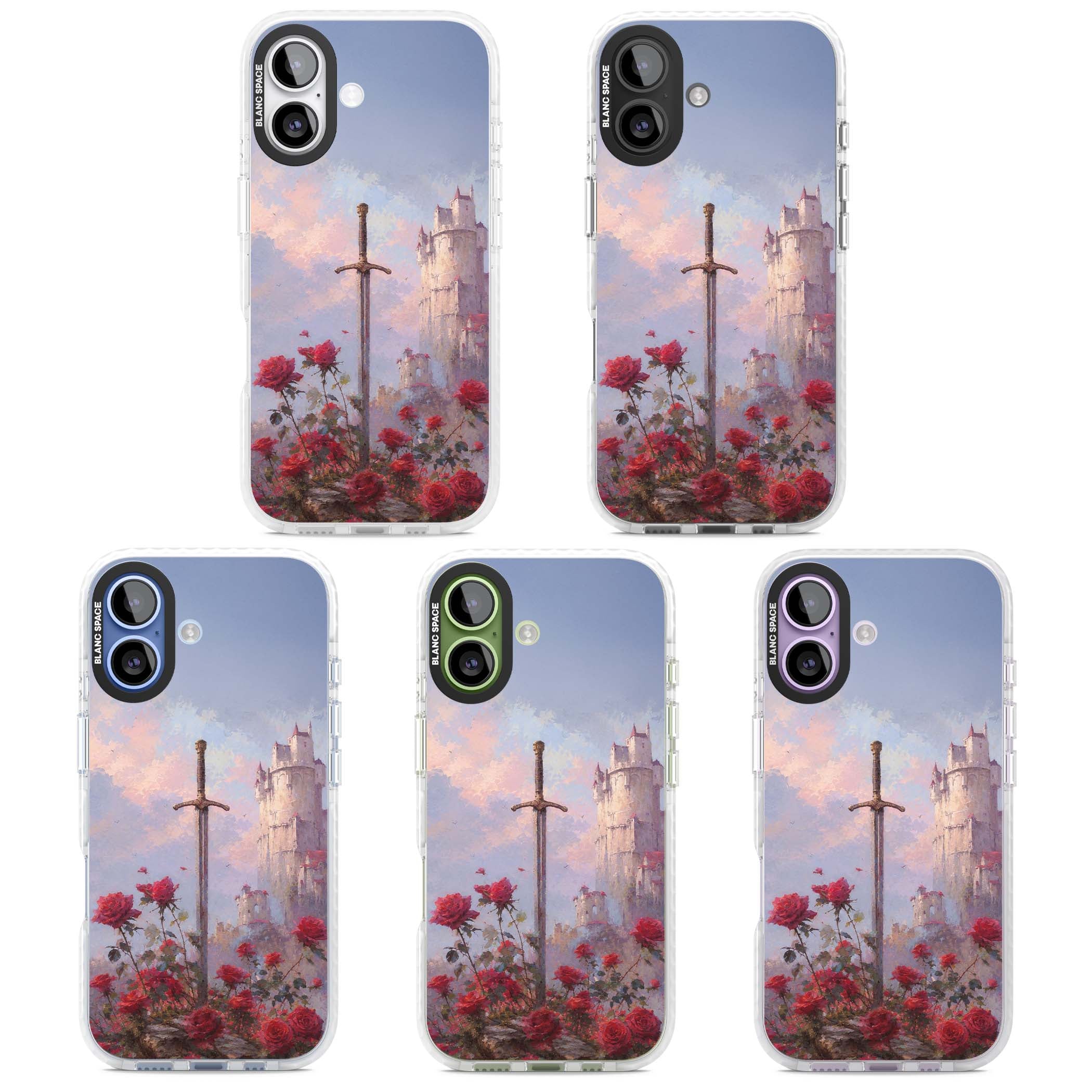 Sword in Roses medieval art iPhone case featuring a sword, red roses, and a misty fairytale castle at sunset | Impact Magsafe case for iPhone 17