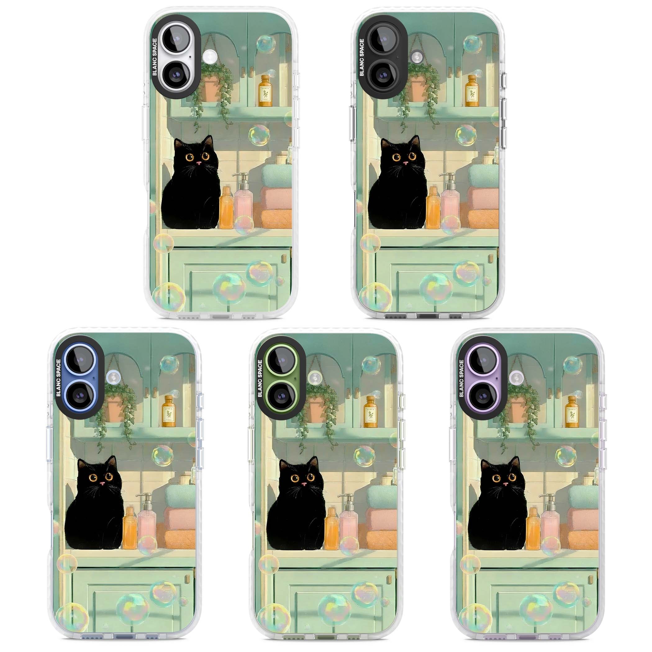 Bathroom Bubble Kitty cottagecore iPhone case featuring a black cat, mint bathroom scene and floating soap bubbles | Impact Magsafe case for iPhone 17