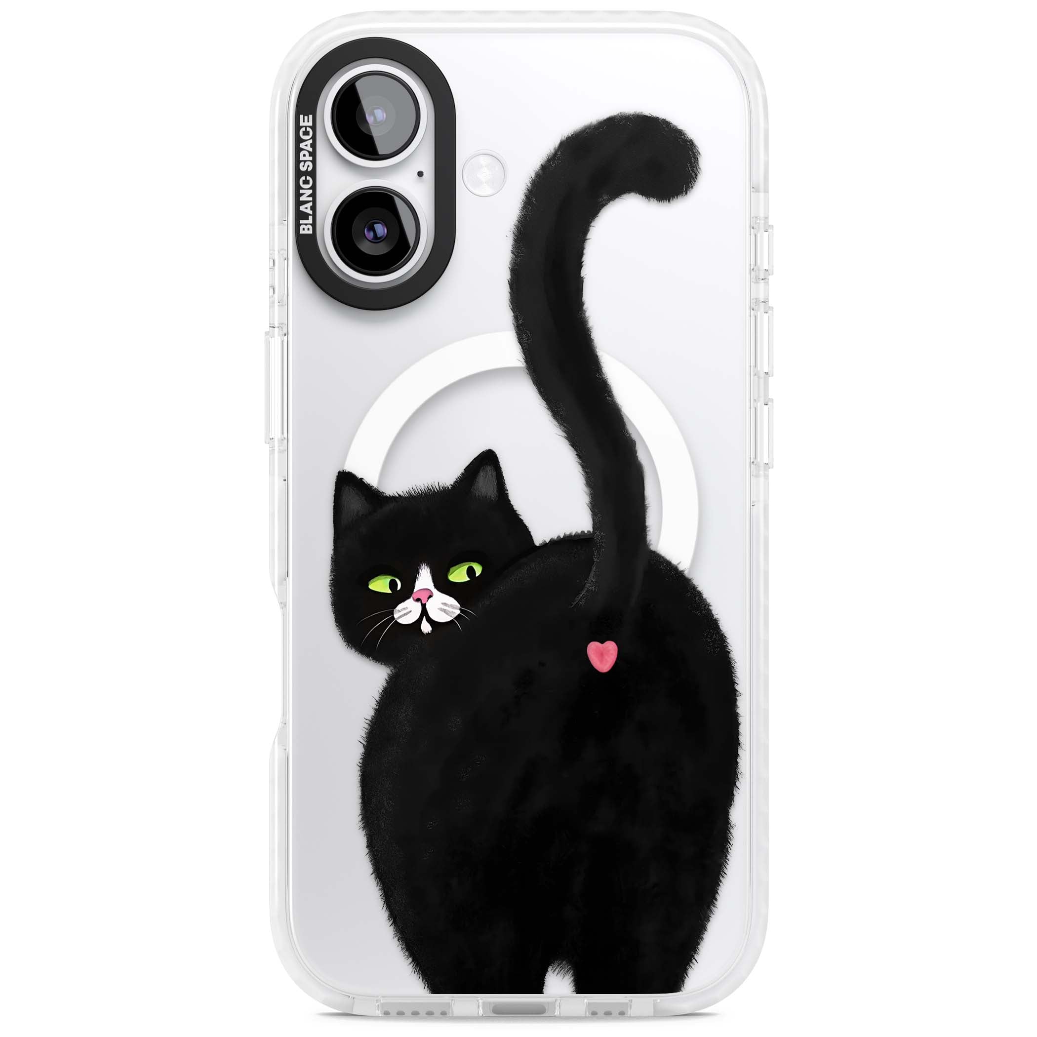 The Cat's Kiss cute cat iPhone case featuring a hand-painted tuxedo kitty with green eyes and a pink heart on a clear | Impact Magsafe case for iPhone 17