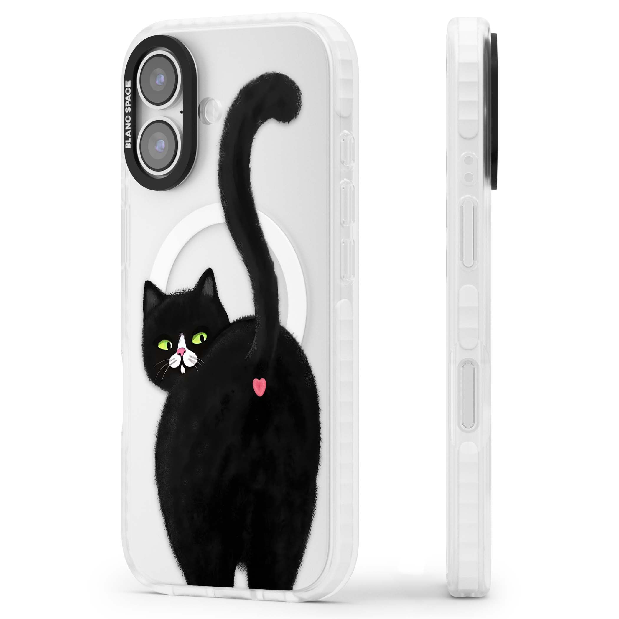 The Cat's Kiss cute cat iPhone case featuring a hand-painted tuxedo kitty with green eyes and a pink heart on a clear | Impact Magsafe case for iPhone 17