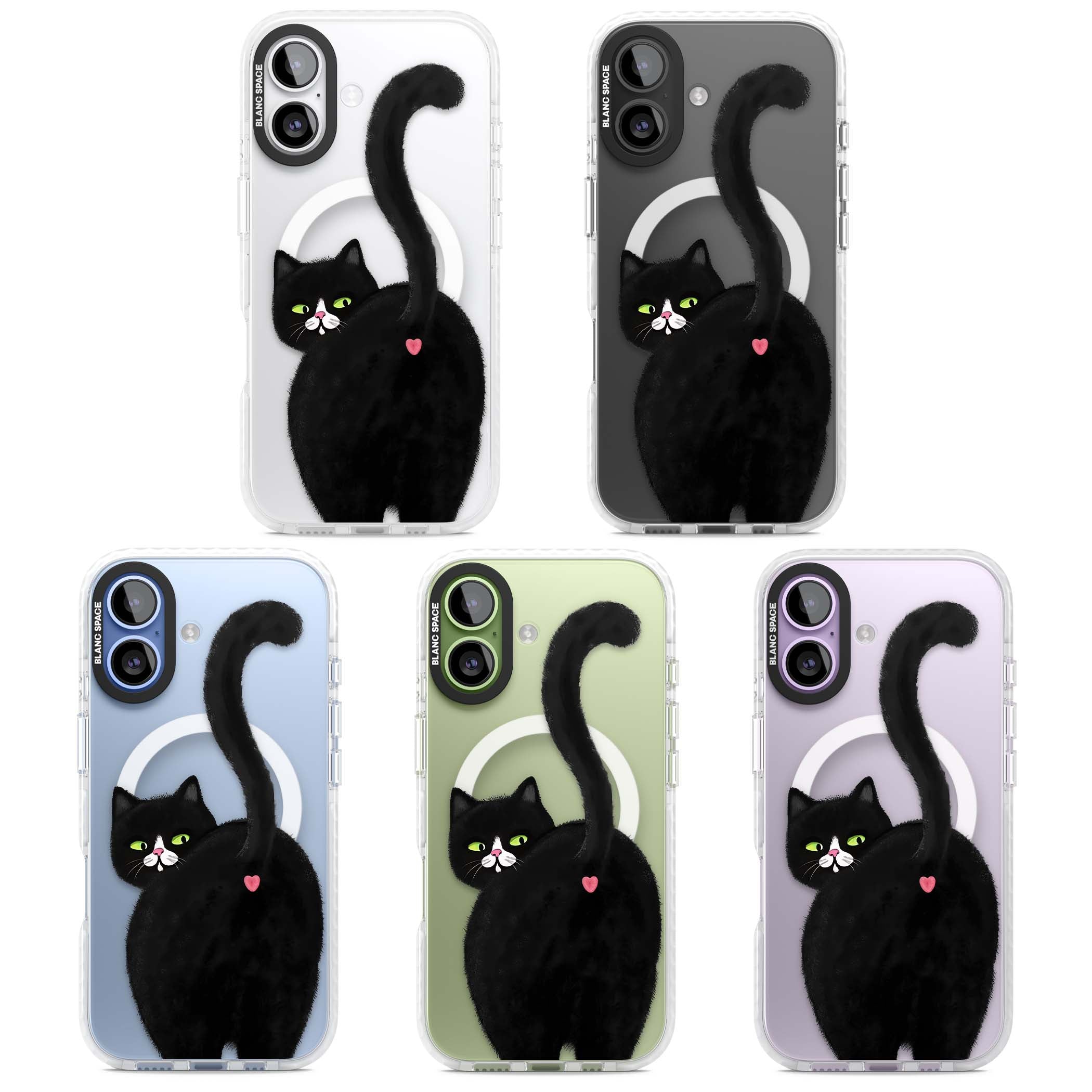 The Cat's Kiss cute cat iPhone case featuring a hand-painted tuxedo kitty with green eyes and a pink heart on a clear | Impact Magsafe case for iPhone 17