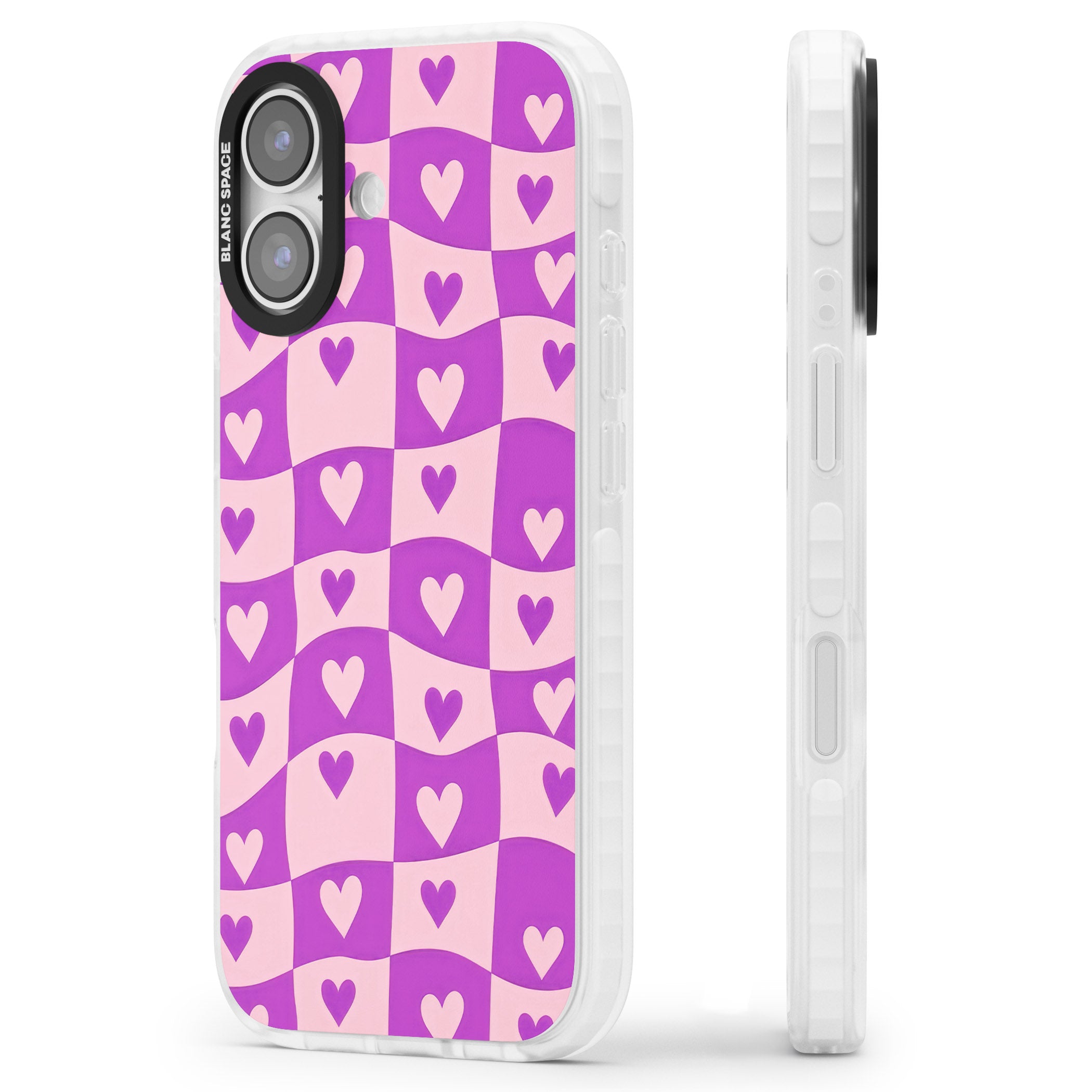 Purple Wavy Checked Hearts iPhone 17 Impact Pro Clear Phone Case Side Profile