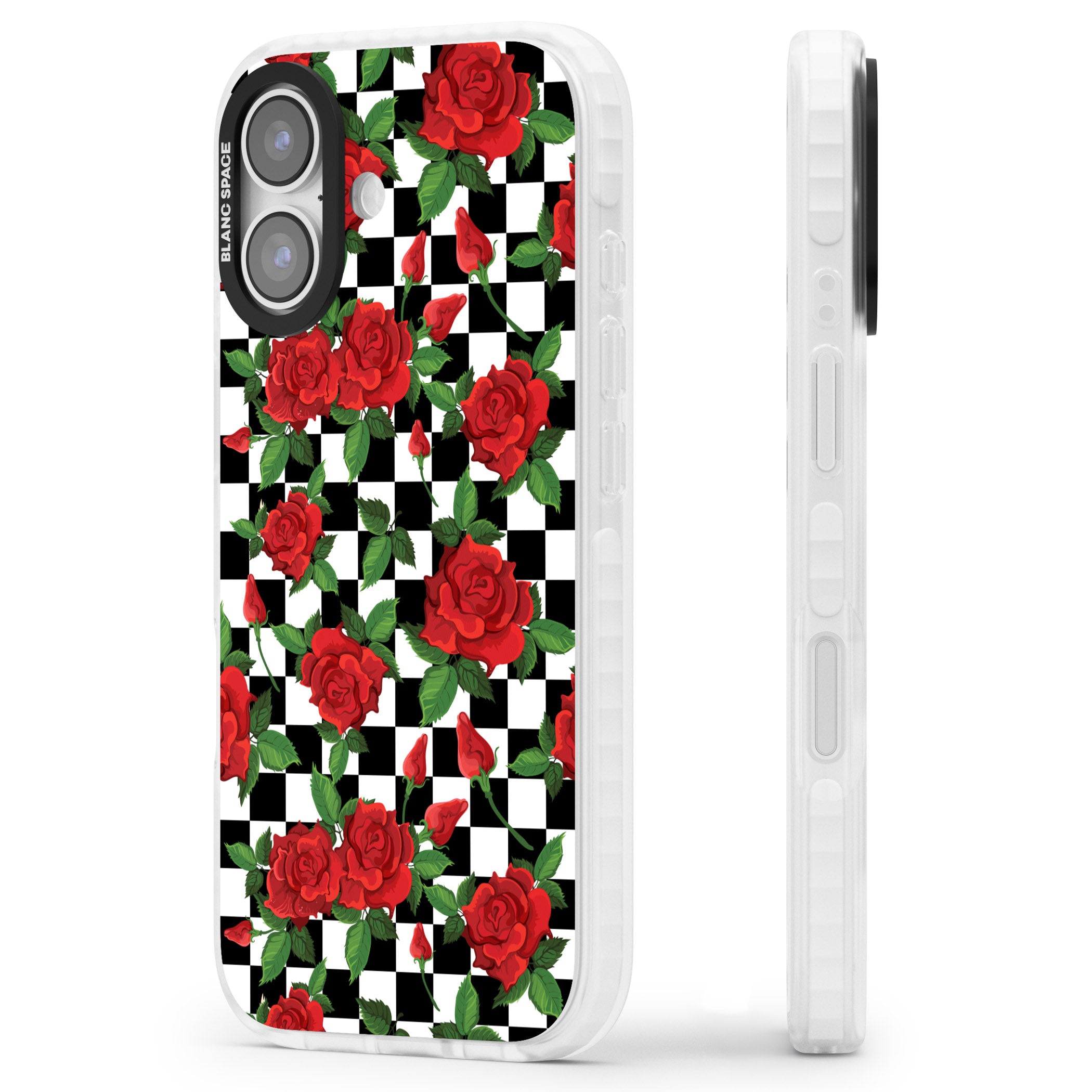 Checkered Roses iPhone 17 Impact Pro Clear Phone Case Side Profile