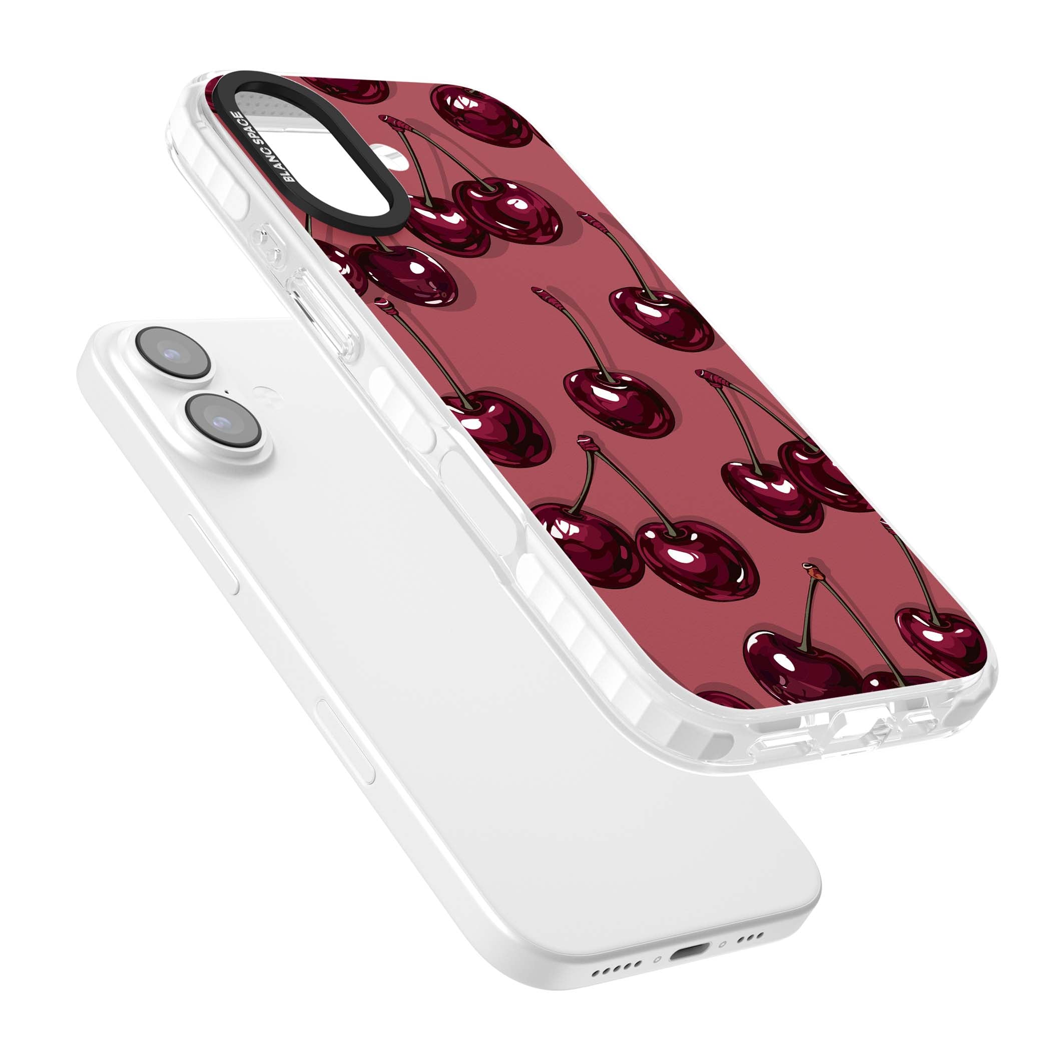 Cherry Rebel coquette iPhone case featuring glossy burgundy cherries on a dusty rose background | Impact Magsafe case for iPhone 17