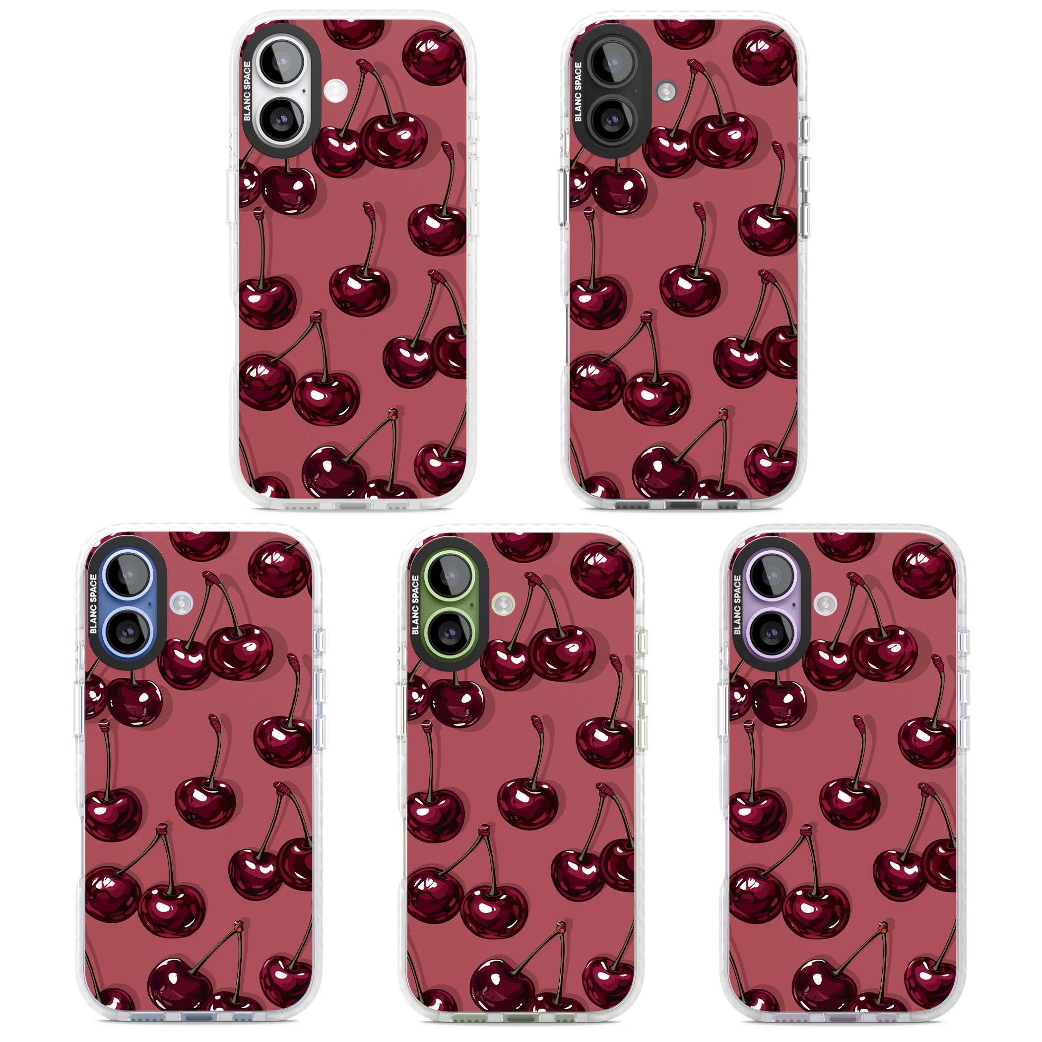 Cherry Rebel coquette iPhone case featuring glossy burgundy cherries on a dusty rose background | Impact Magsafe case for iPhone 17