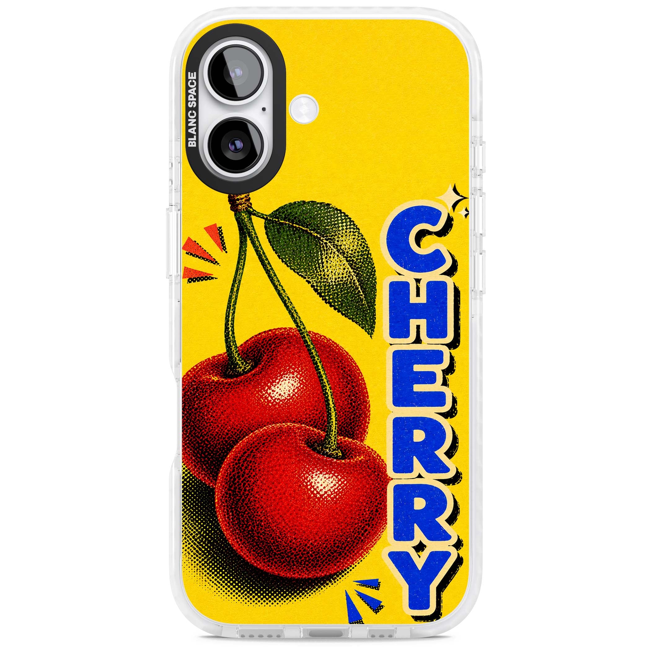 Cherry Yellow y2k iPhone case featuring two red cherries, halftone shading and bold blue CHERRY lettering on yellow | Impact Magsafe case for iPhone 17
