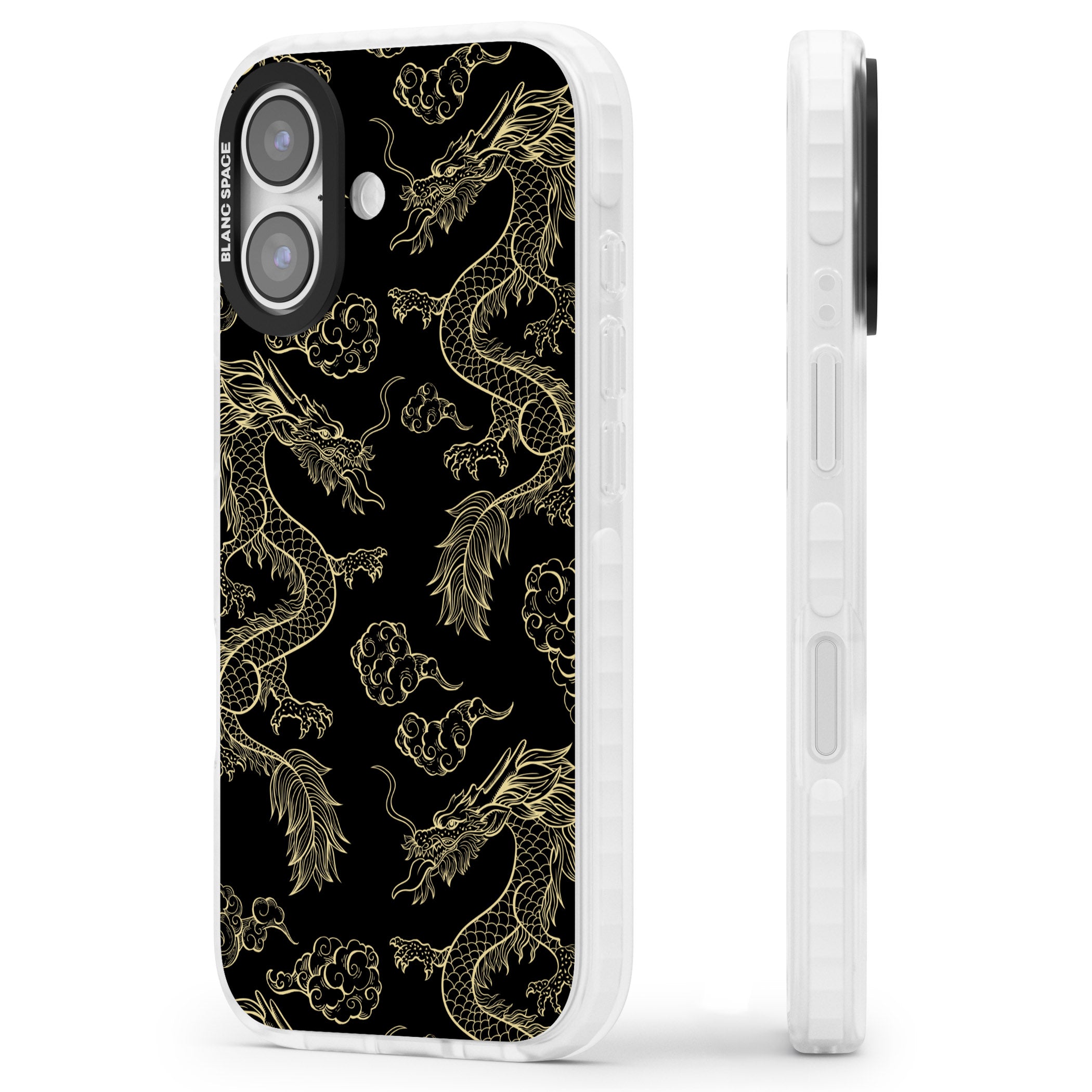 Black And Gold Dragon Pattern iPhone 17 Impact Pro Clear Phone Case Side Profile