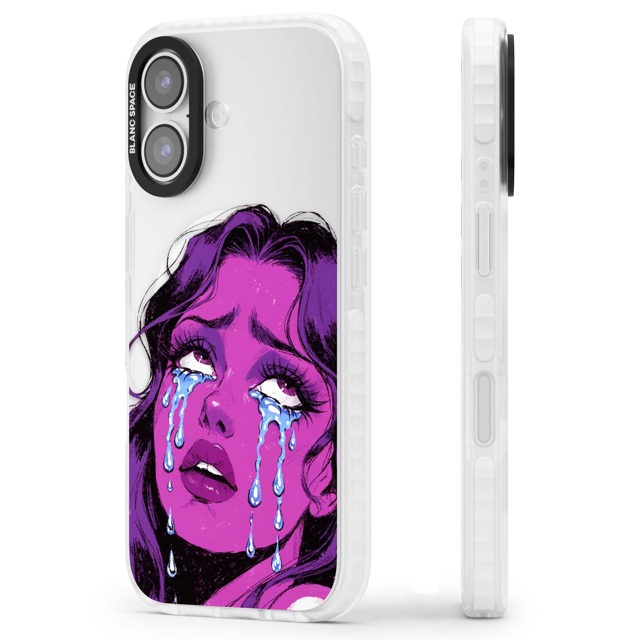Drama Queen pop art iPhone case featuring a purple crying comic girl with blue tears | Impact Magsafe case for iPhone 17