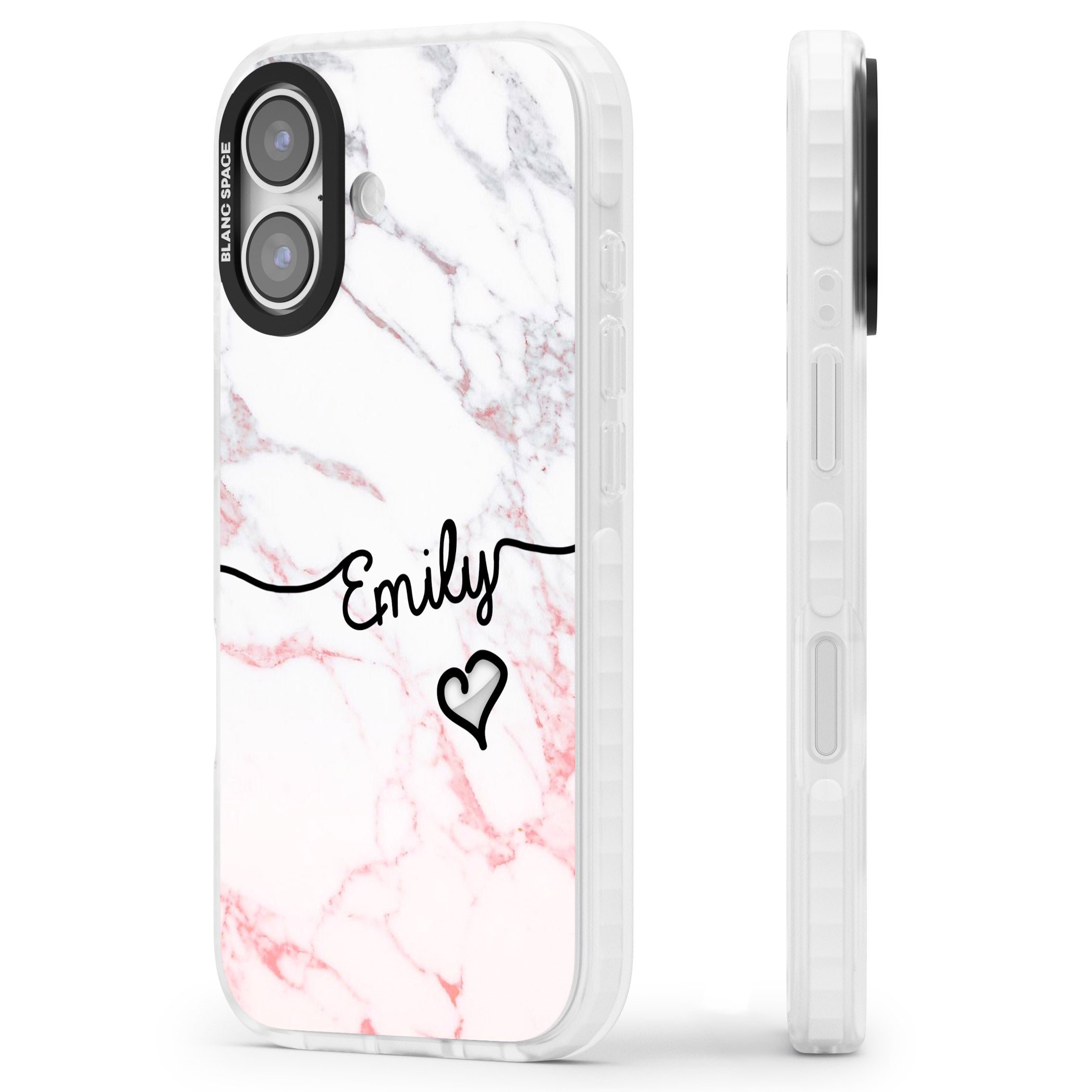 Personalised Pink Fade Marble Heart iPhone 17 Impact Pro Clear Phone Case Side Profile