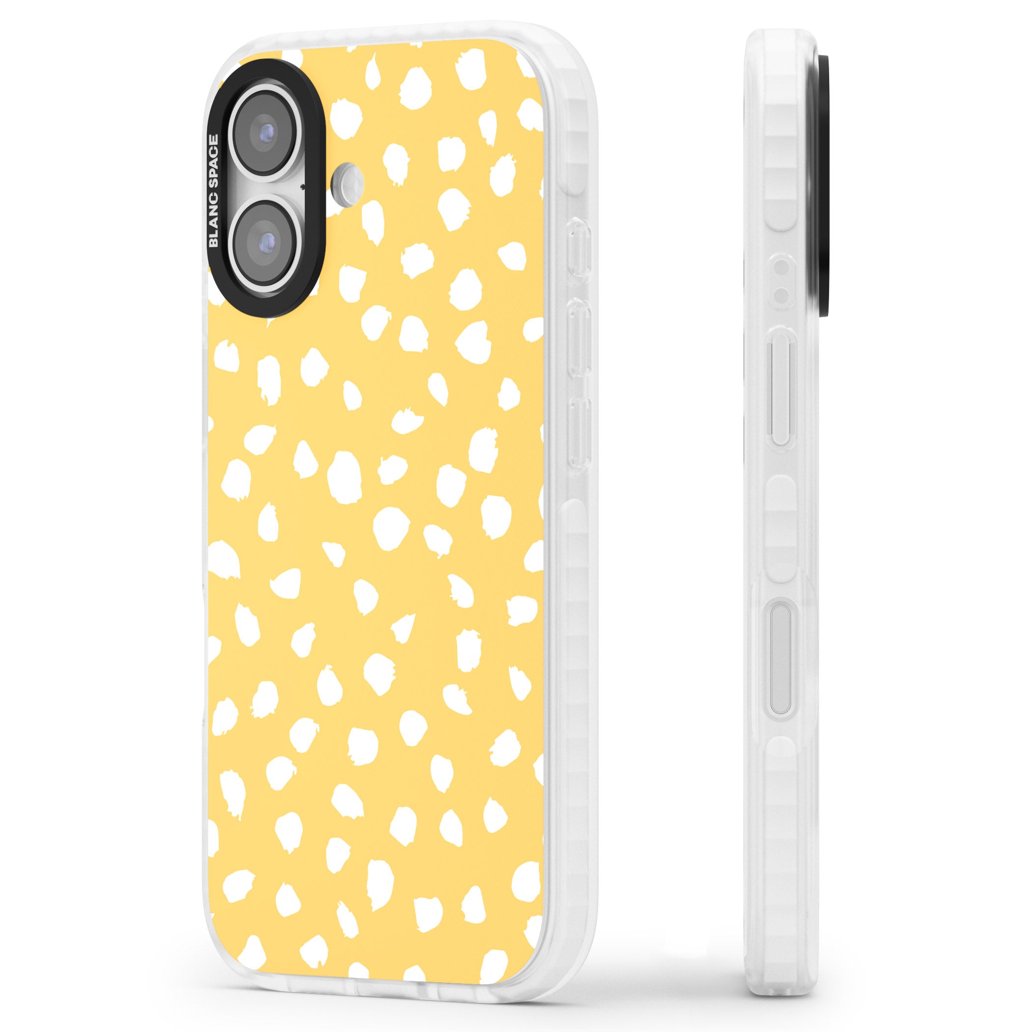 Yellow Dalmatian Dots iPhone 17 Impact Pro Clear Phone Case Side Profile